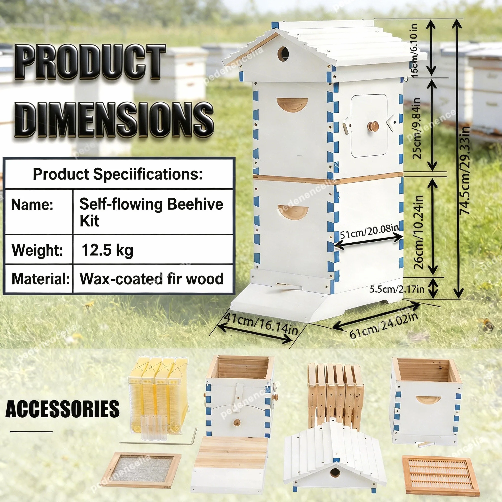 Kit De Inicio para Colmena Autofluyente, Colmena De Madera Duradera con Ventana De Observación Y Llave para La Cosecha De Miel, Juego Completo De Colmena Automática 4frame
