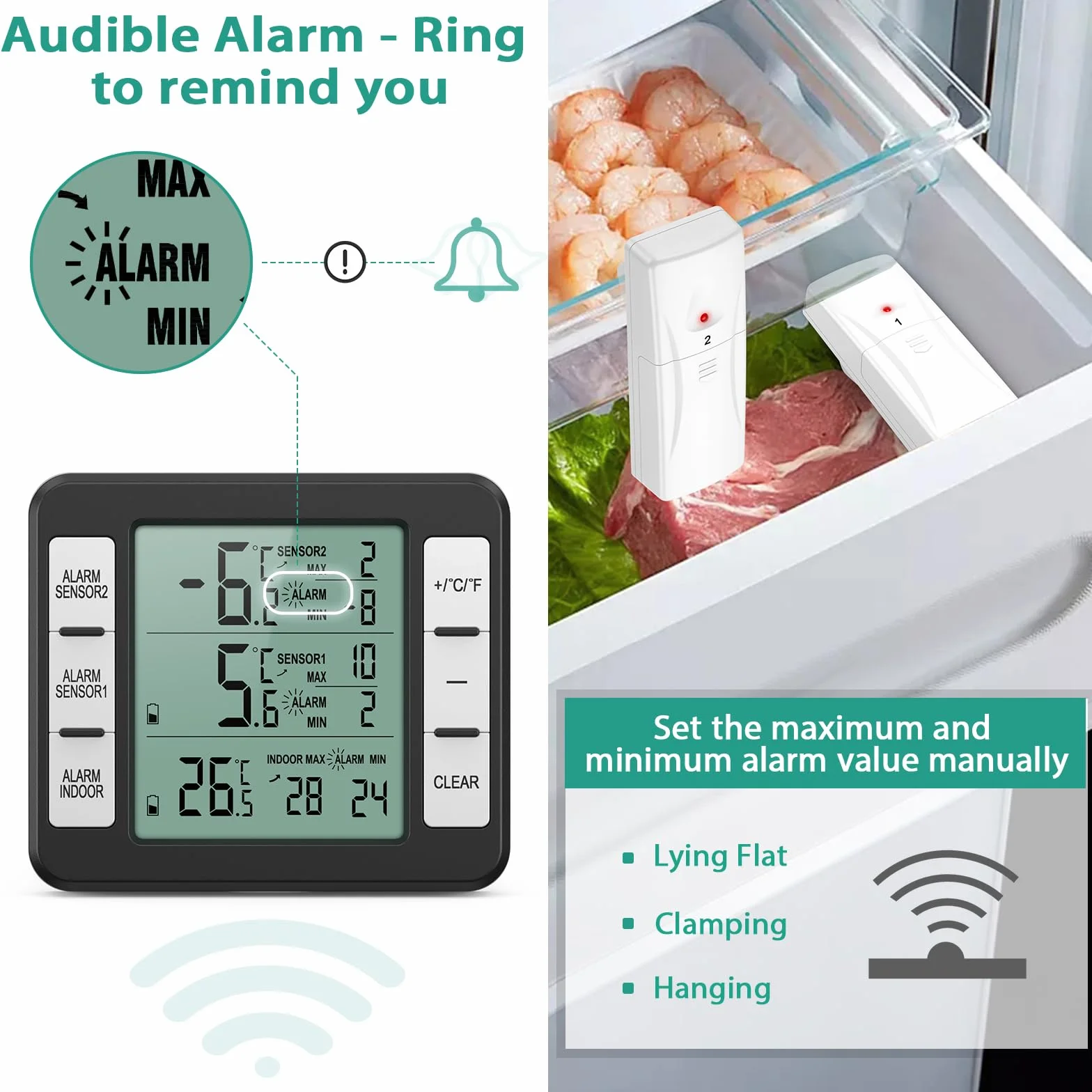 ORIA Termómetro Refrigerador Congelador Digital 2 Sensores Pantalla LCD Alarma Audible Registro Max/Min Negro