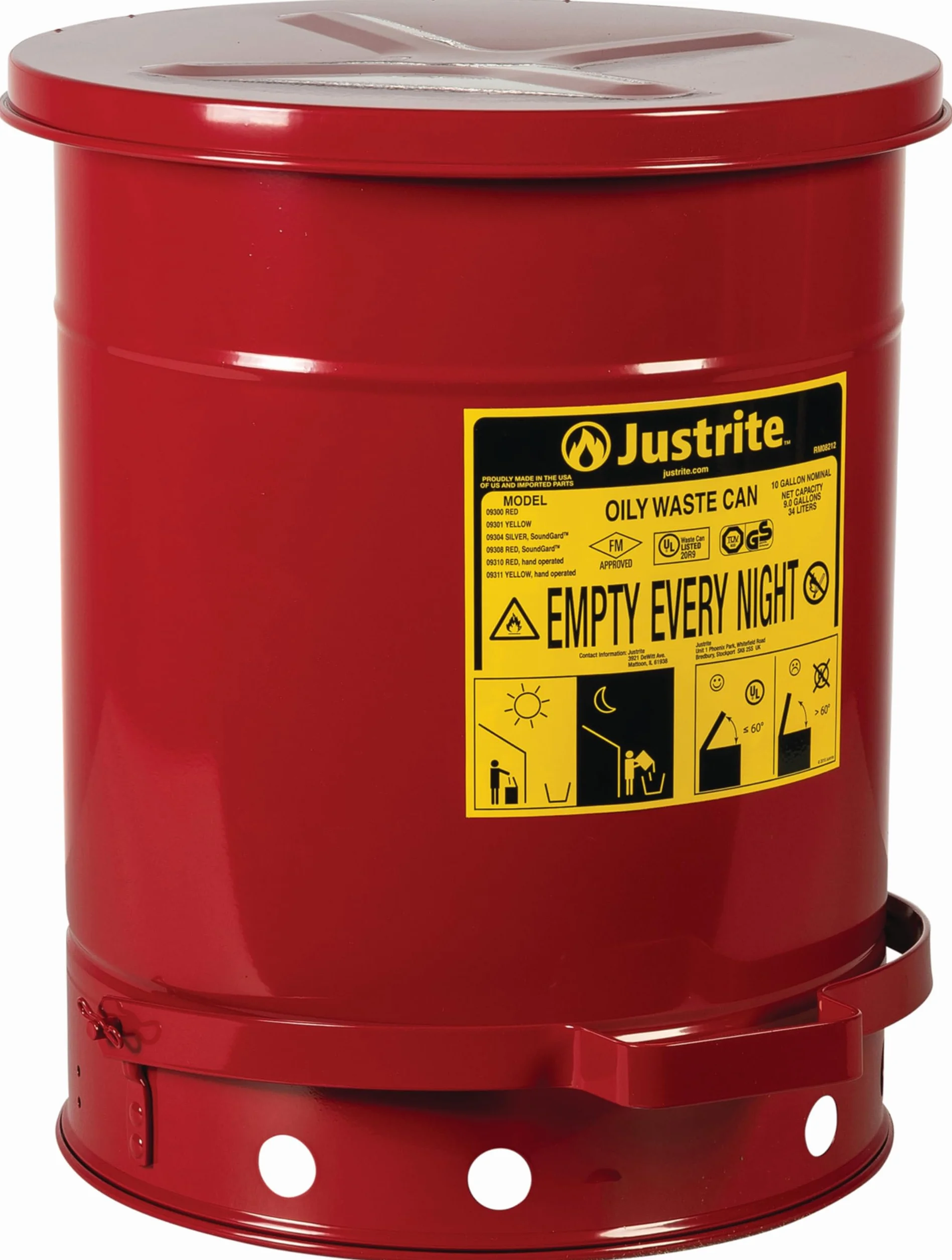 Justrite SoundGuard - Cubo de basura de acero con tapa con control de pie (38 L), color rojo