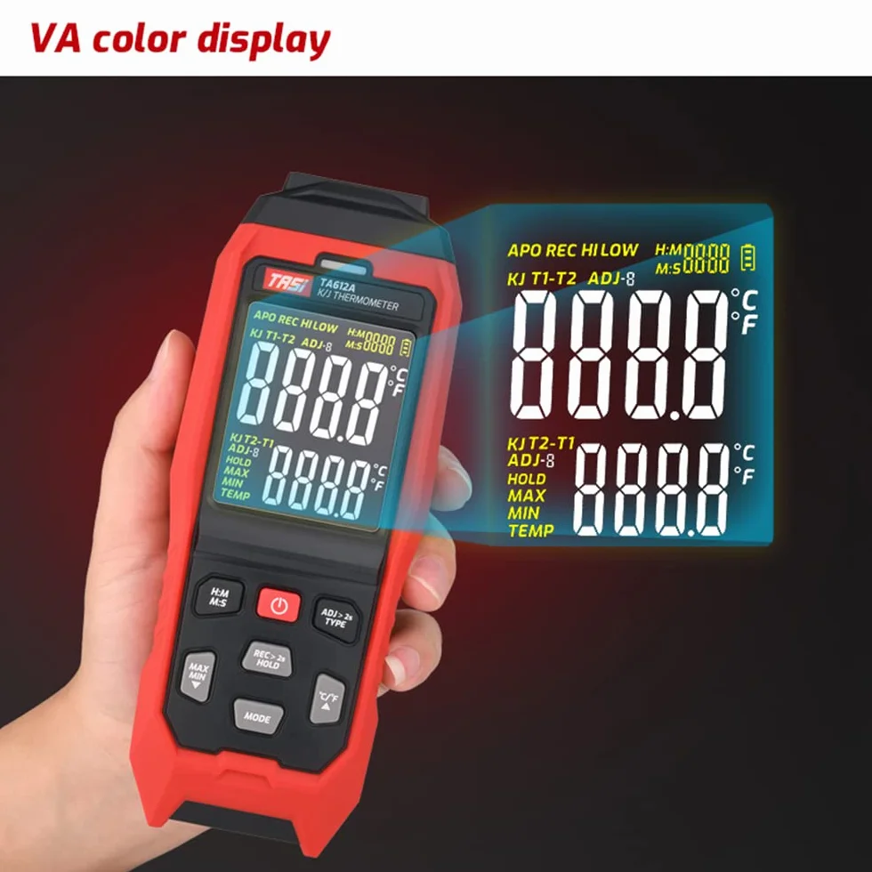 TASI TA612C Termómetro termopar tipo K/J de 4 canales -200~1372℃/ -328~2501℉ Medidor de temperatura LCD digital portátil 5000 Grupos Almacenamiento de datos con carga de datos USB y