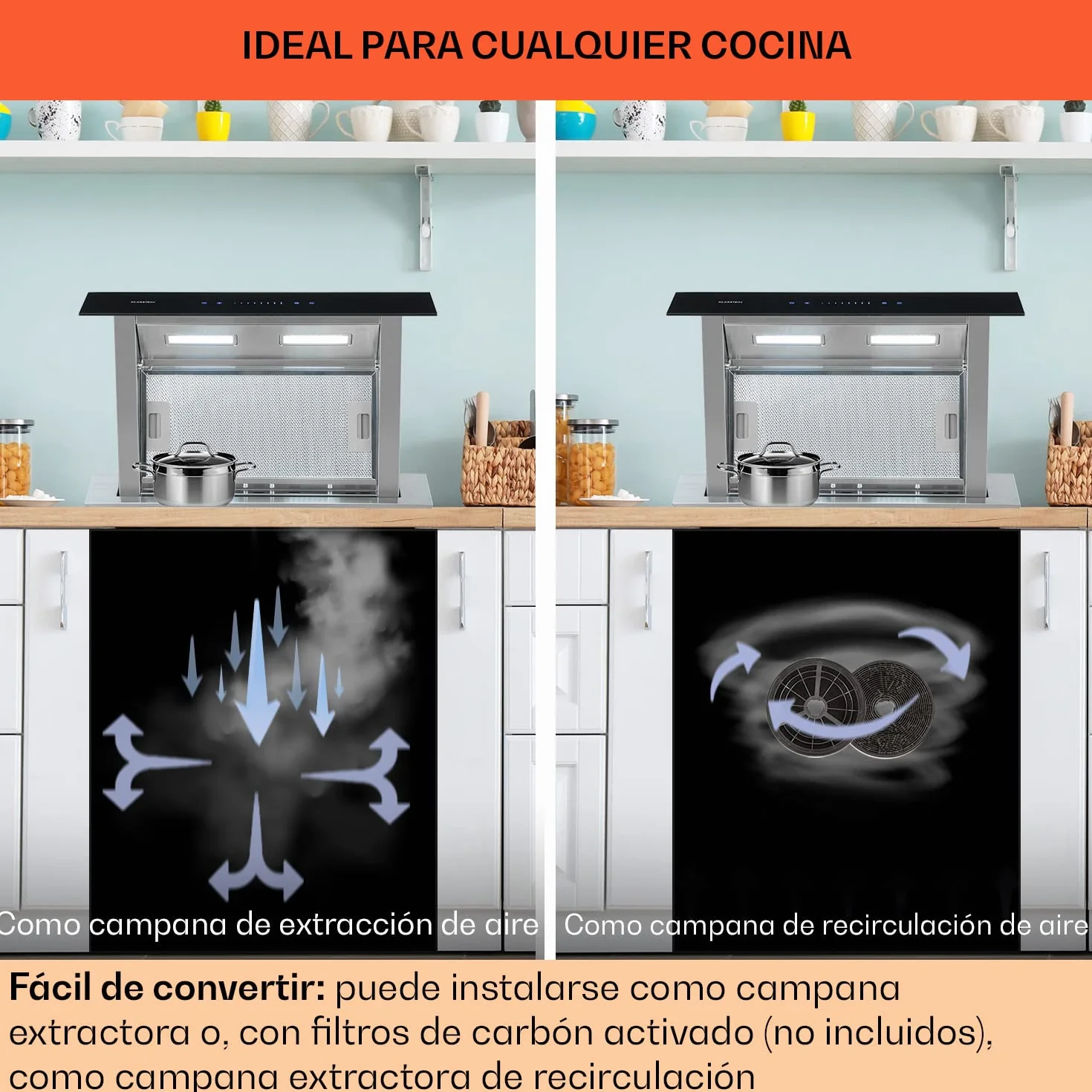 KLARSTEIN Royal Flush Downdraft Campana extractora replegable, 430 m³/h, Acero Inoxidable, 60 cm, Negro