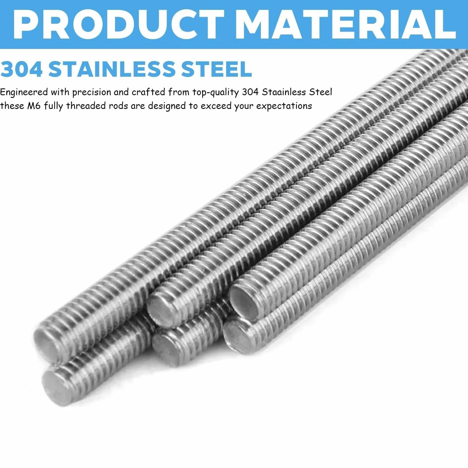 Varilla Roscada M6 x 300 mm Acero Inoxidable 304 Paso 1mm A2-70 6 Piezas