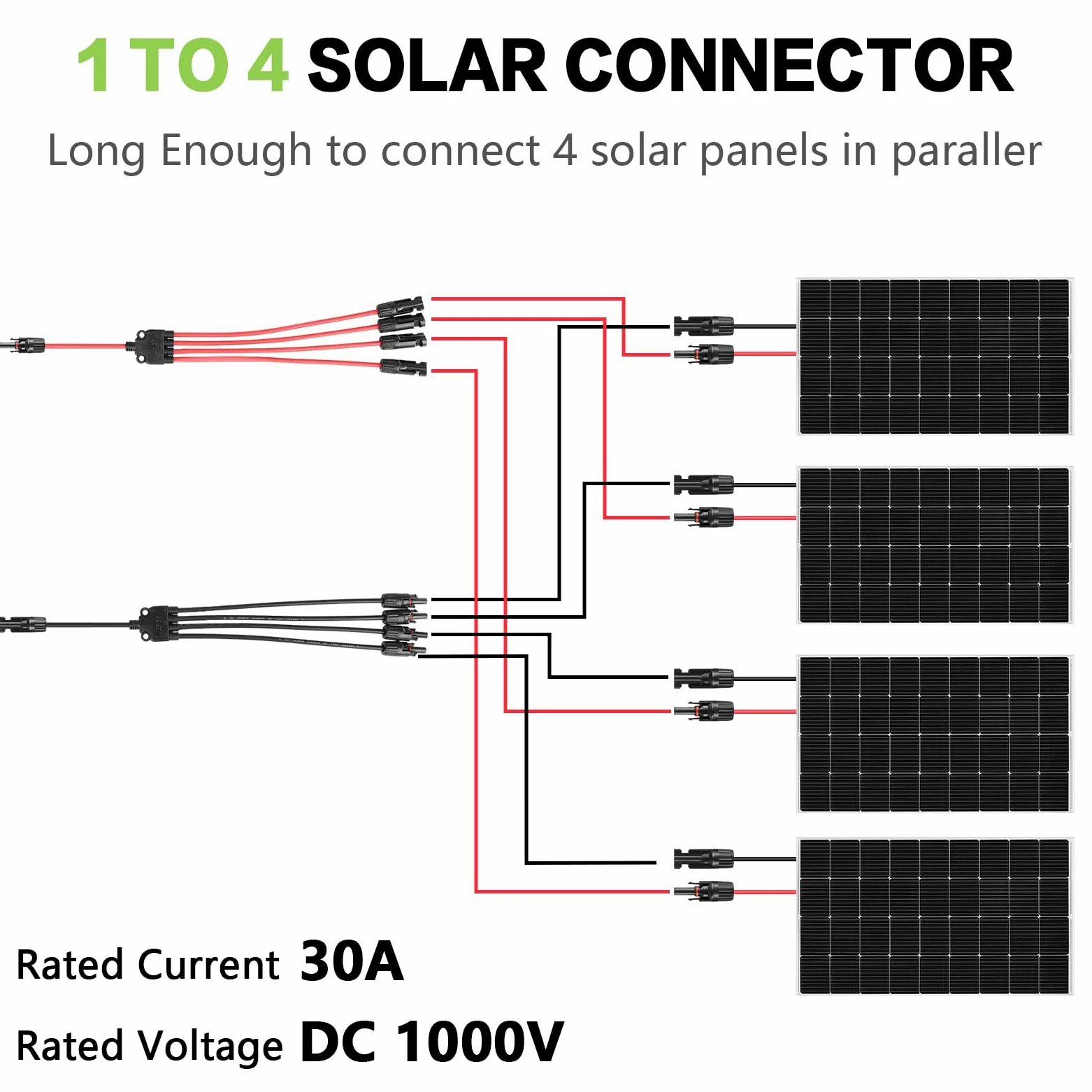 Conectores solares en Y de 1 a 4 conectores paralelos de panel solar, adaptador solar extralargo, kit de herramientas de enchufe de alambre (M/FFFF, F/MMMM)