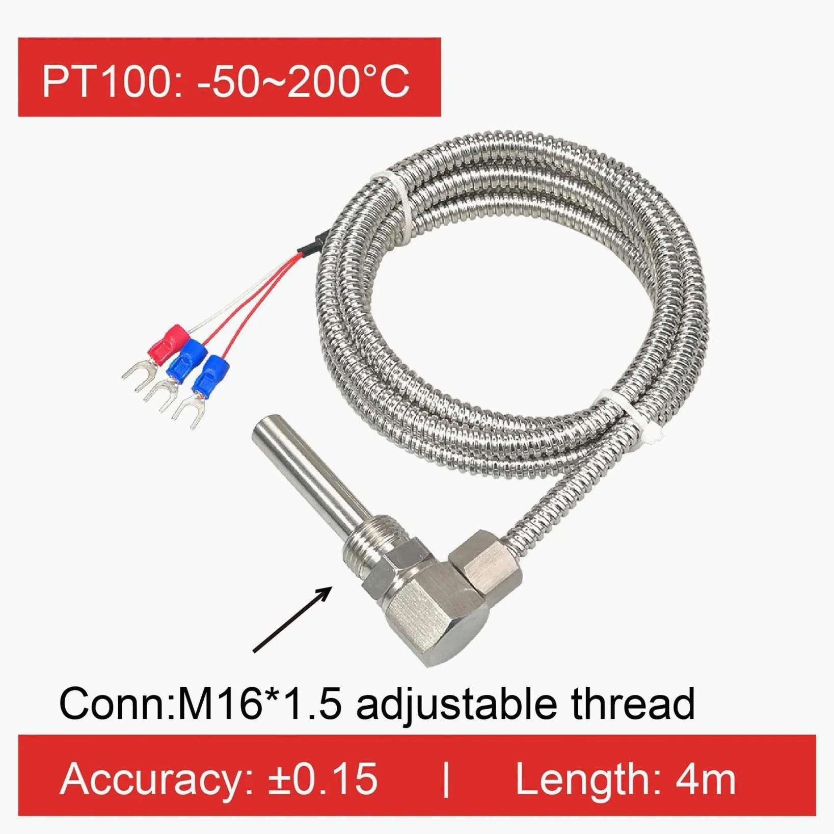 Capteur de température Sensor de Temperatura del cojinete del Motor, sonda RTD PT100, Sensor de Temperatura roscado en Forma de L, sonda Industrial de Acero Inoxidable(Pt100 4M)