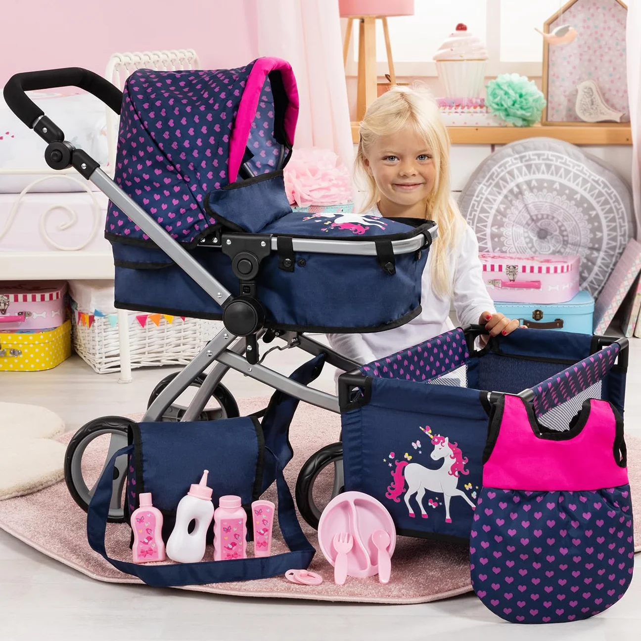 Bayer Design Set de Cochecito para muñecas Grandes Combi Milano Altura Ajustable