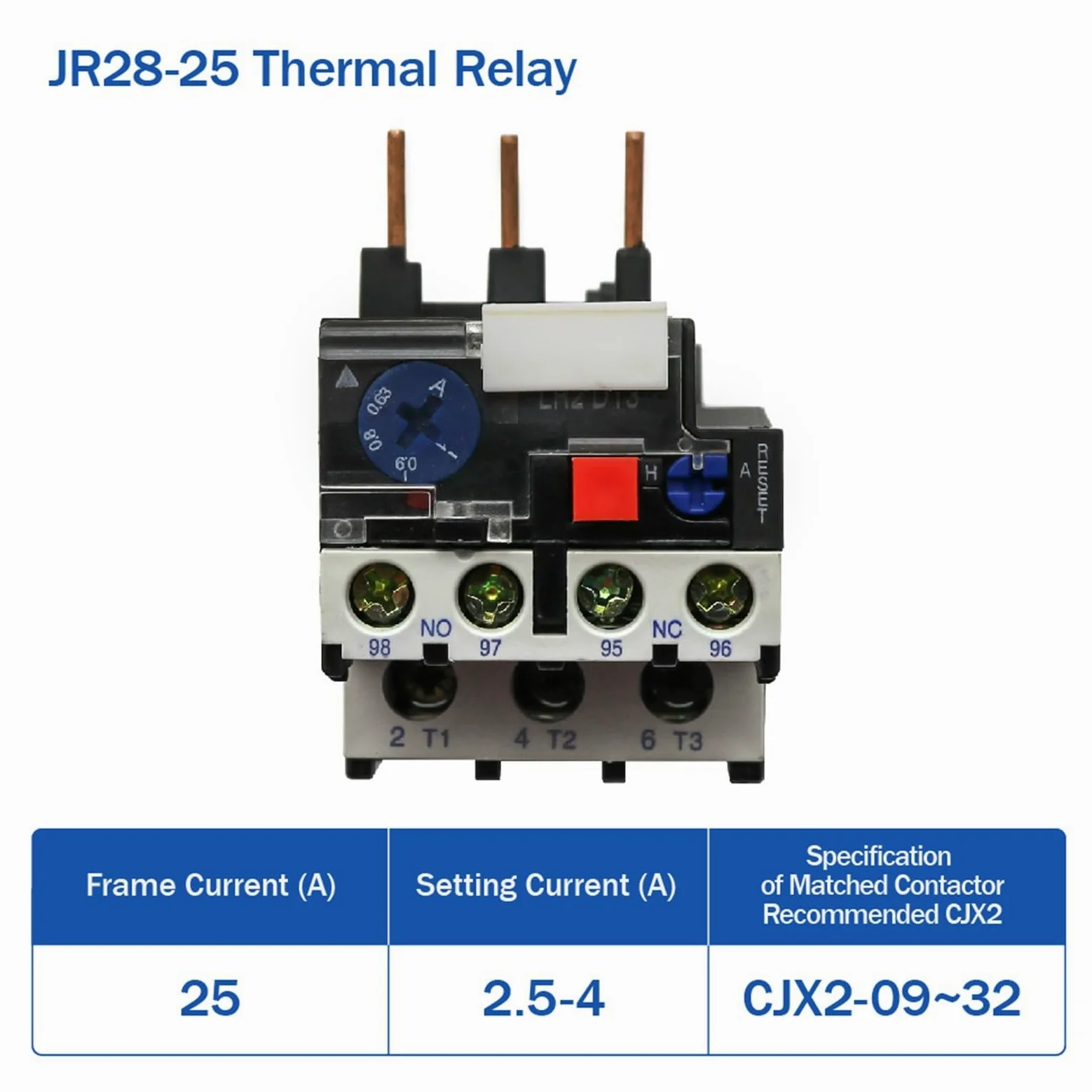 Relé de sobrecarga térmica JR28-25 1,6 A 2,5 A 4 A 6 A 8 A 10 A 13 A 18 A 25 A LR2D13 Relé térmico ajustable Relé de protección contra sobrecorriente(10pcs-2.5-4A)