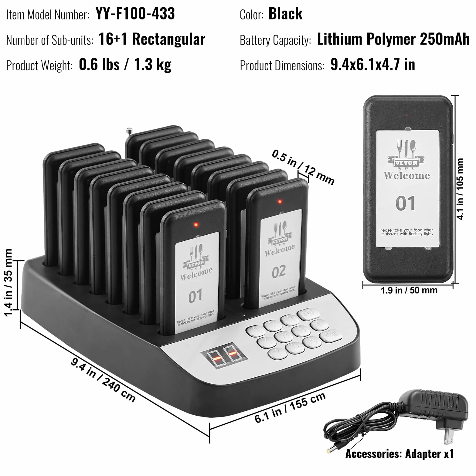 VEVOR Sistema de Buscapersonas para Restaurante Señal de Cola Inalámbrica Alcance de 500 m Zumbador de Llamada de Cliente con Vibración e Intermitente 16 Zumbadores para Restaurante, Cafetería, Tienda