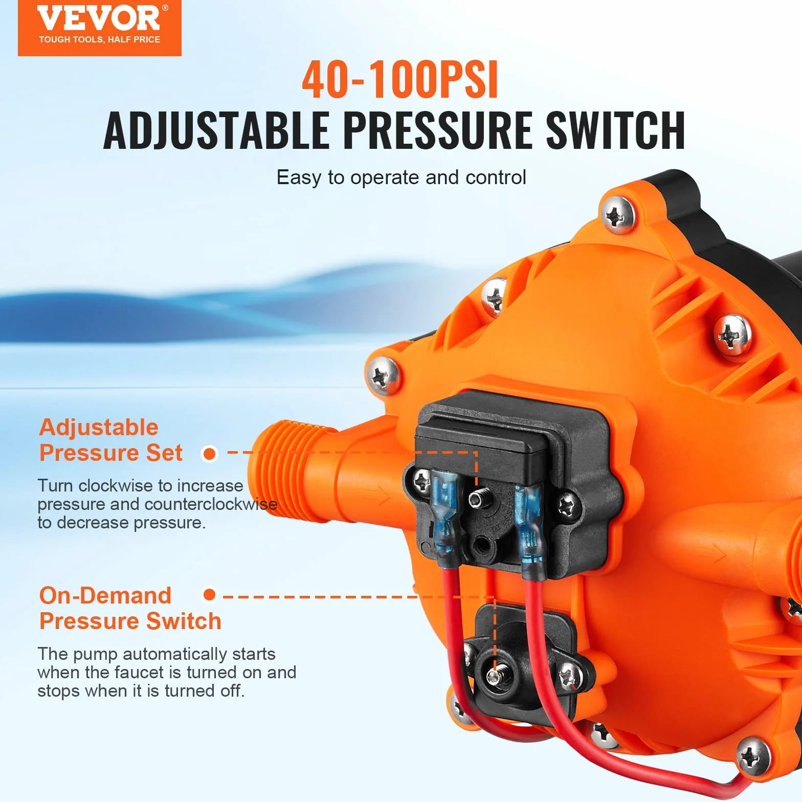 VEVOR Bomba de Diafragma de Agua 12 V 5,5 GPM 70 PSI Ajustable 40-100 PSI Autocebante con Presostato