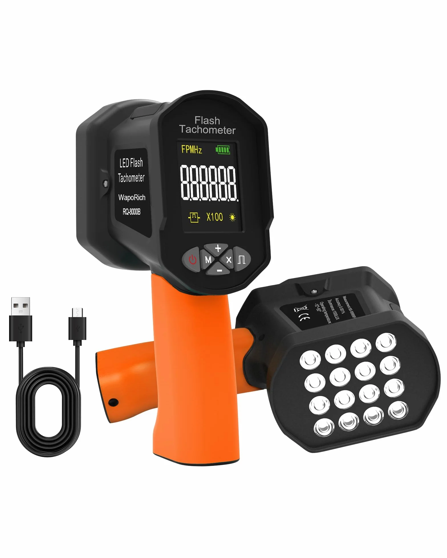 Estroboscopio LED Tacómetro Digital Sin Contacto 60-100.000 RPM Recargable USB Pantalla LCD
