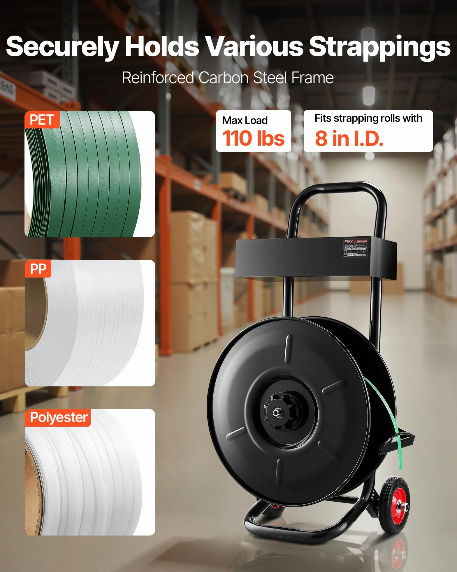 VEVOR Dispensador de Flejado, para Rollos de Flejado de PET/PP/Poliéster con Un Tamaño de Núcleo de 203 mm, con Sistema de Frenado Mejorado, Amplio Almacenamiento Integrado para Herramientas