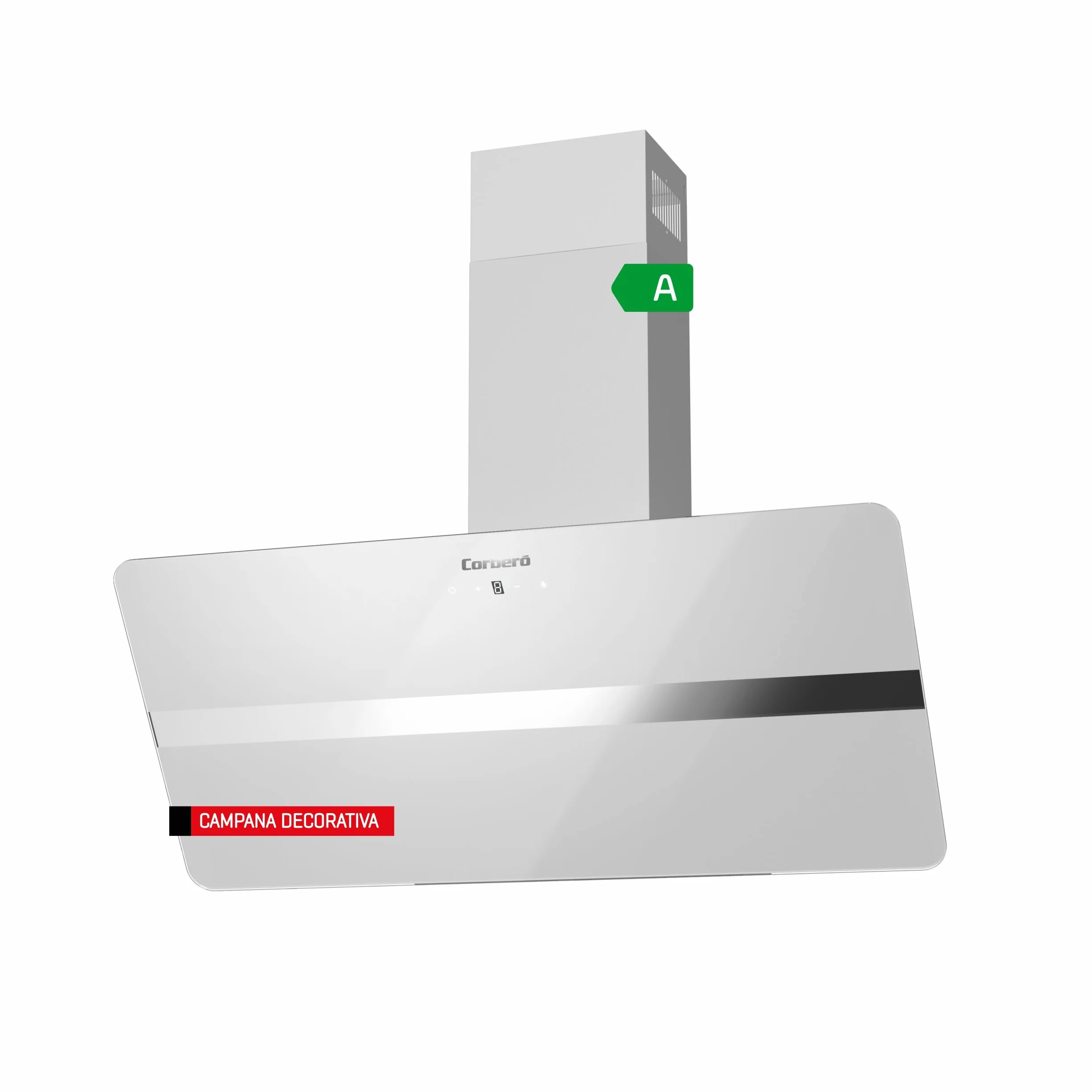 Corberó Campana Extractora 90 cm VICTORIA960W 594,2 m3/h 67db 165W 3 Velocidades Control Touch Vidrio Templado Filtro Aluminio Carbón Cristal Blanco