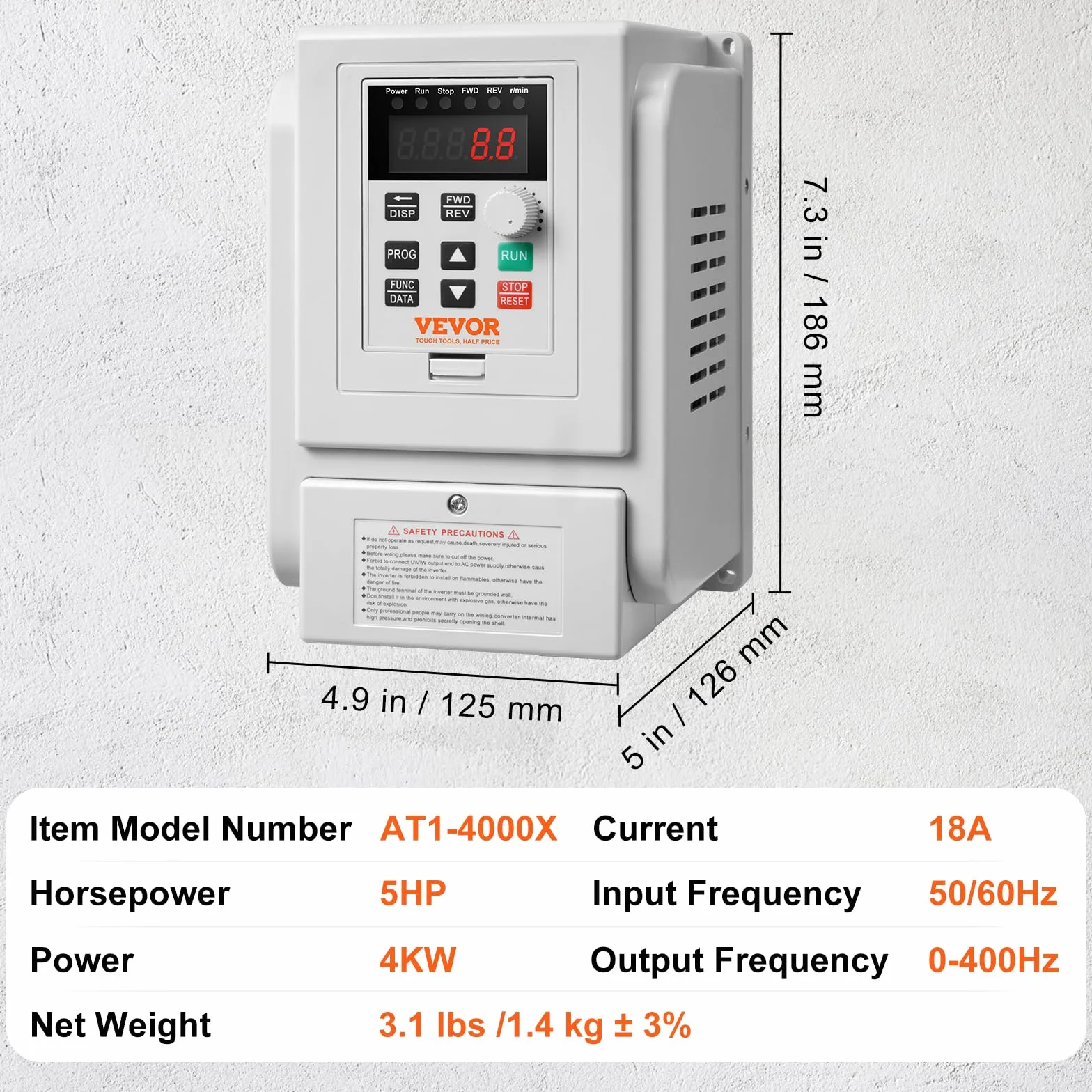 VEVOR Variador de Frecuencia Convertidor de Frecuencia de 4kW 5HP 18A 0-400Hz VFD con Entrada Monofásica Regulador de Salida Trifásico Control de Velocidad Enfriamiento Rápido para Motor de Maquinaria