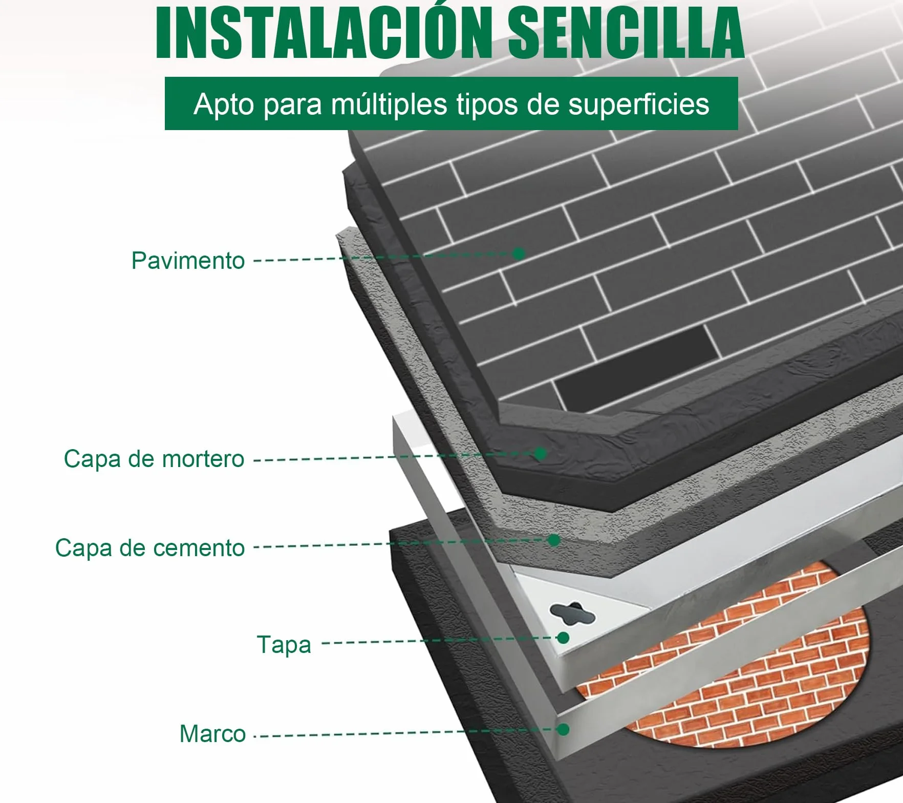 Tapa de alcantarilla con marco, 400 x 400 mm, acero inoxidable A15, tapa de alcantarilla, para interior y exterior, cuadrada