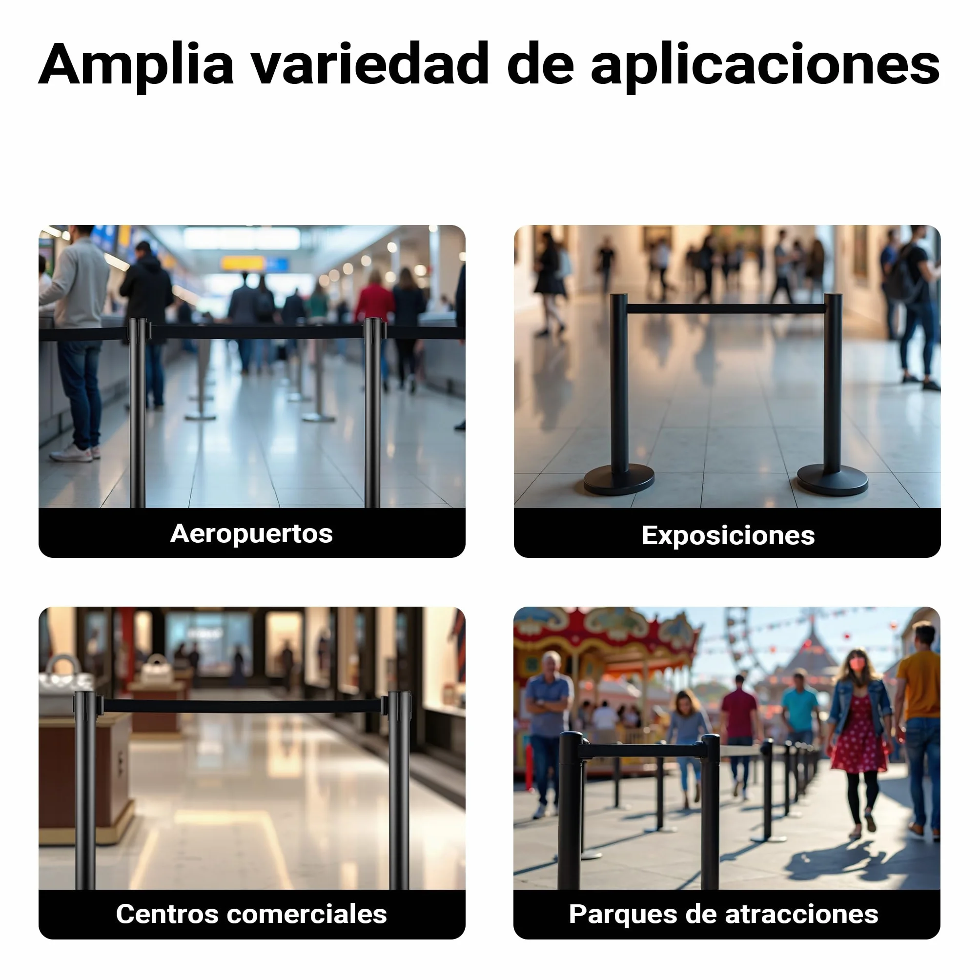 Wiltec Juego de 2 postes separadores con cinta retráctil 200 cm, acero inoxidable, negro