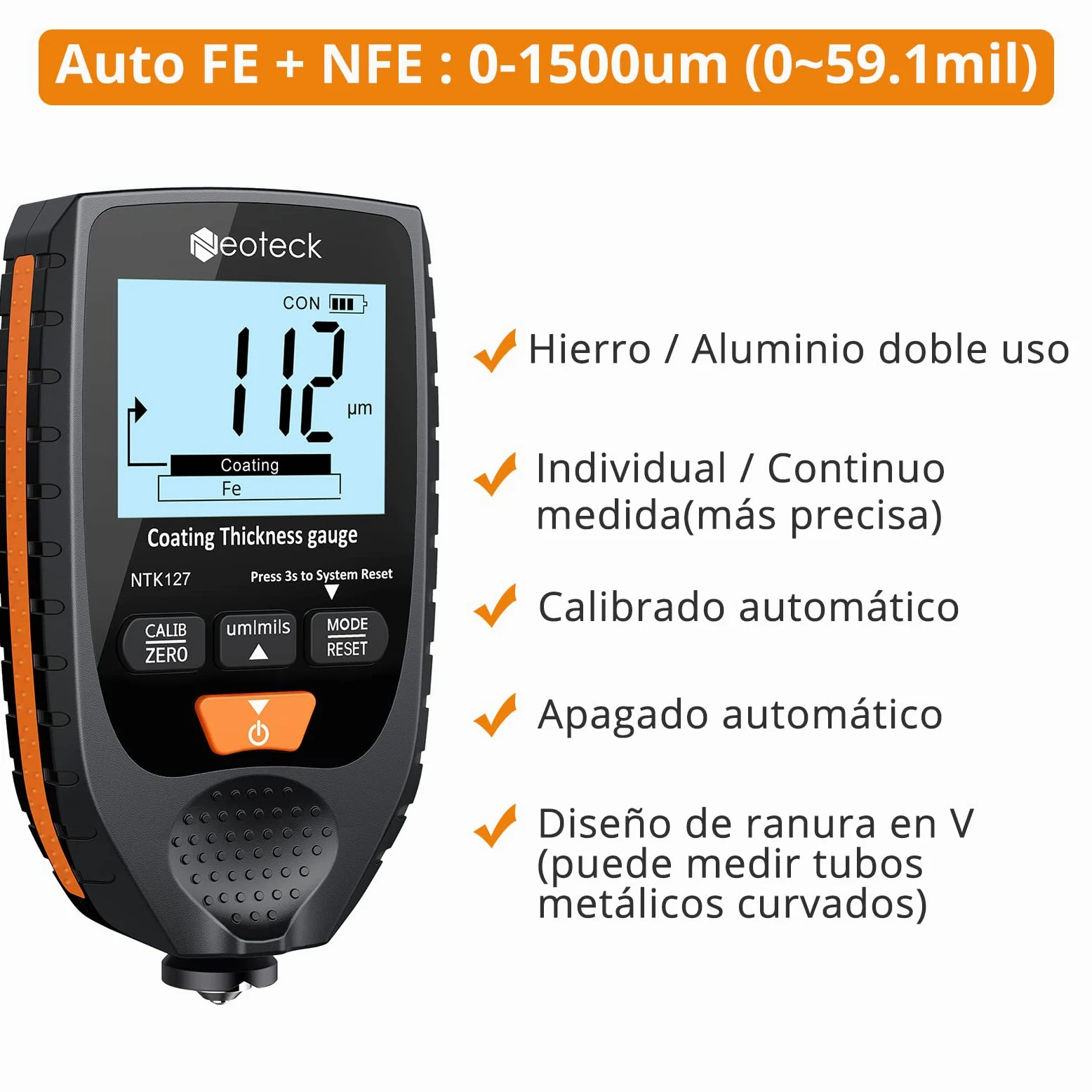 Neoteck Medidor de Espesor 0-1500um Medidor de Espesor de Recubrimiento de Pintura para Automóvil Sonda Fe&NFe con Retroiluminación para Automóviles de Metal con Base de Acero y Aluminio