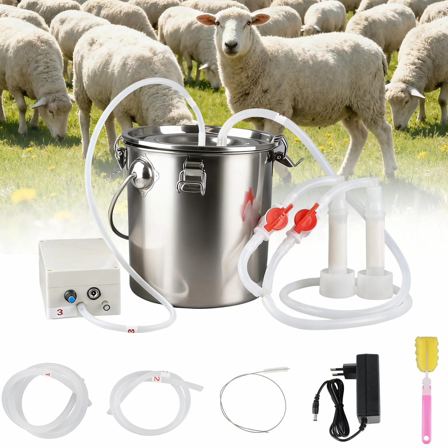 Máquina de ordeño eléctrica para ovejas y cabras, trayeuse de 5L con bomba de vacío, cubo de acero inoxidable, equipo de ordeño por pulsación para ovejas y cabras
