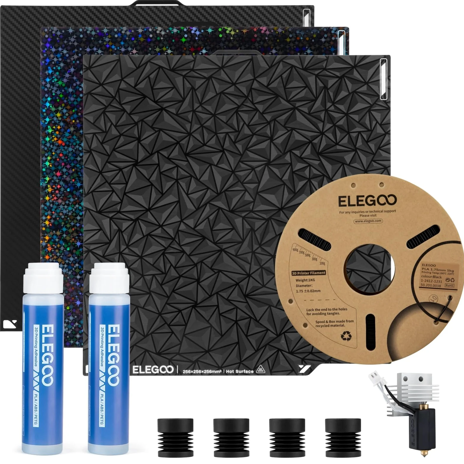 ELEGOO Kit de Accesorios Solo para Centauri Carbon, Incluye Filamento PLA x1, Placa de Construcción x3, Pegamento Líquido Pei x2, Boquilla de Acero Endurecido de 0,4 mm x1, Pies Antivibración x4