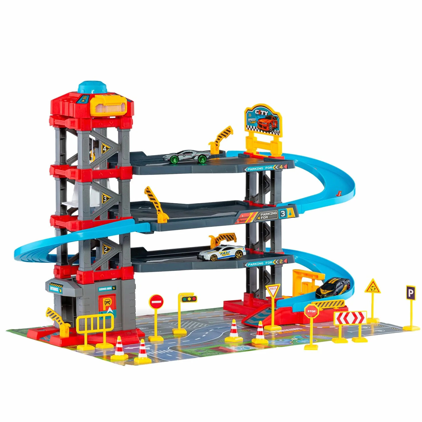 MOLTO Pista de Carreras Infantil con Garaje de Varios Niveles y Rampas en Espiral, Parking de Juguete con 3 Coches