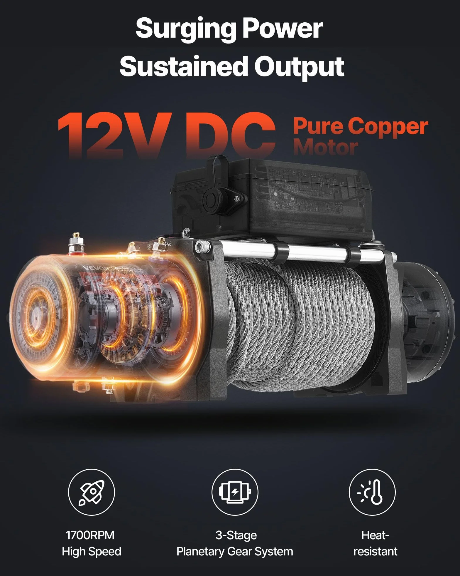 VEVOR Cabrestante Eléctrico, Fuerza Tracción Nominal 5400 kg, 12 V CC, Cable de Acero 24 m, Control Remoto Inalámbrico, IP55, para Remolcar SUV, Jeep, Remolques, Barcos y SUV, 534 x 160 x 215 mm