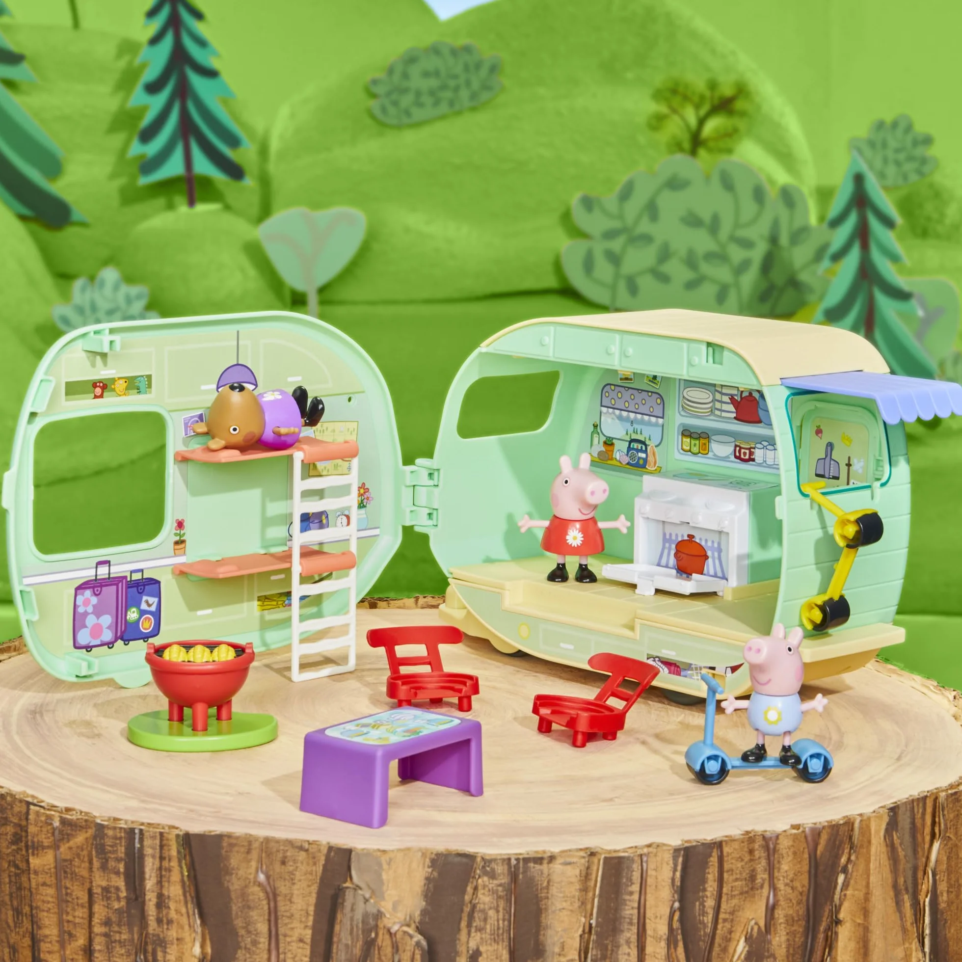 Peppa Pig Set de Juego Aventura en Carretera Caravana de Juguete con 3 Figuras Peppa George y Birgit para Niños 3 Años o Más