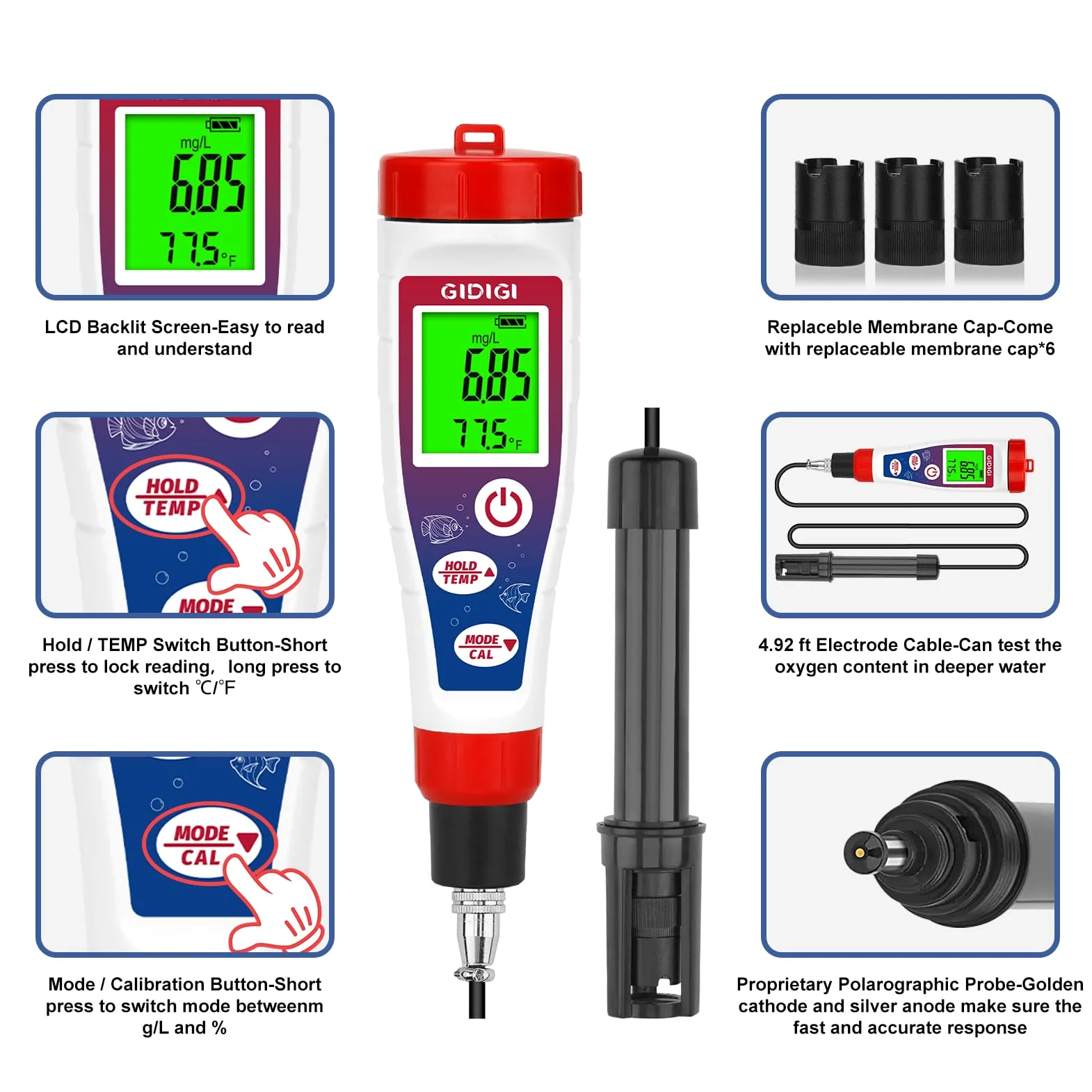 Medidor de oxígeno disuelto, probador de oxígeno de estanque, probador DO de 0.0-40.0 mg/L con cable de sonda extendido de 5 pies, ATC, LCD retroiluminado, para estanque, acuario, aguas residuales