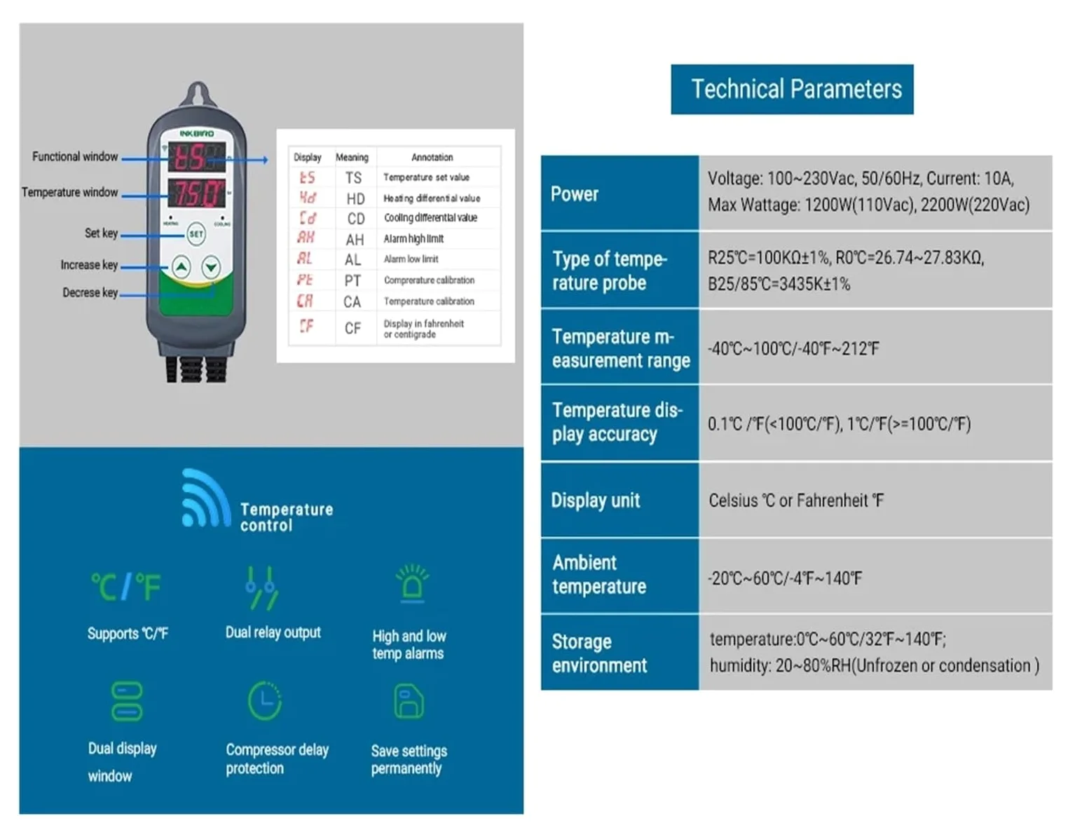 Controlador de temperatura de calefacción y refrigeración ITC-308, termostato de salida calibrable con sonda de acuario impermeable(AU 220V)