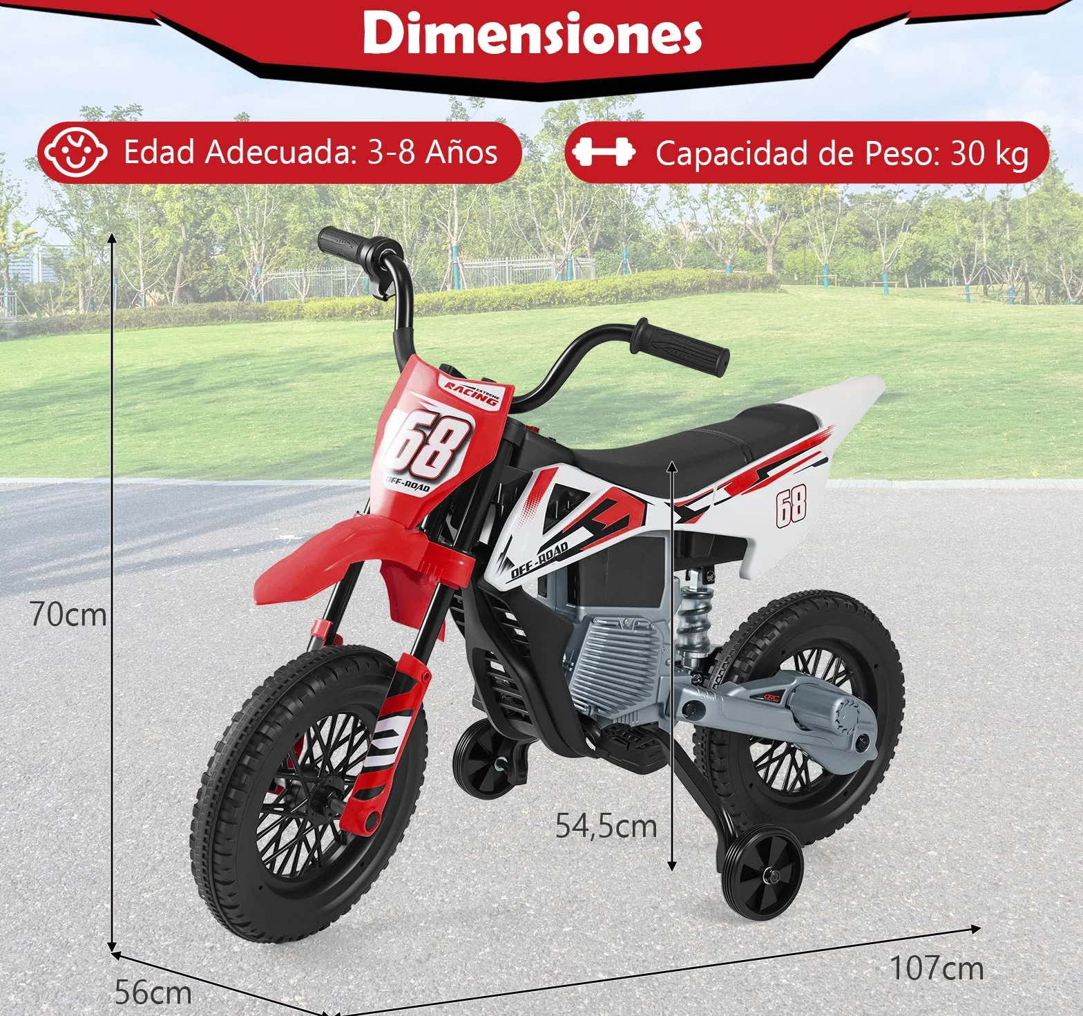 COSTWAY Motocicleta Eléctrica Infantil 12V con Ruedas de Entrenamiento Desmontables y Suspensión de Resorte (Rojo)
