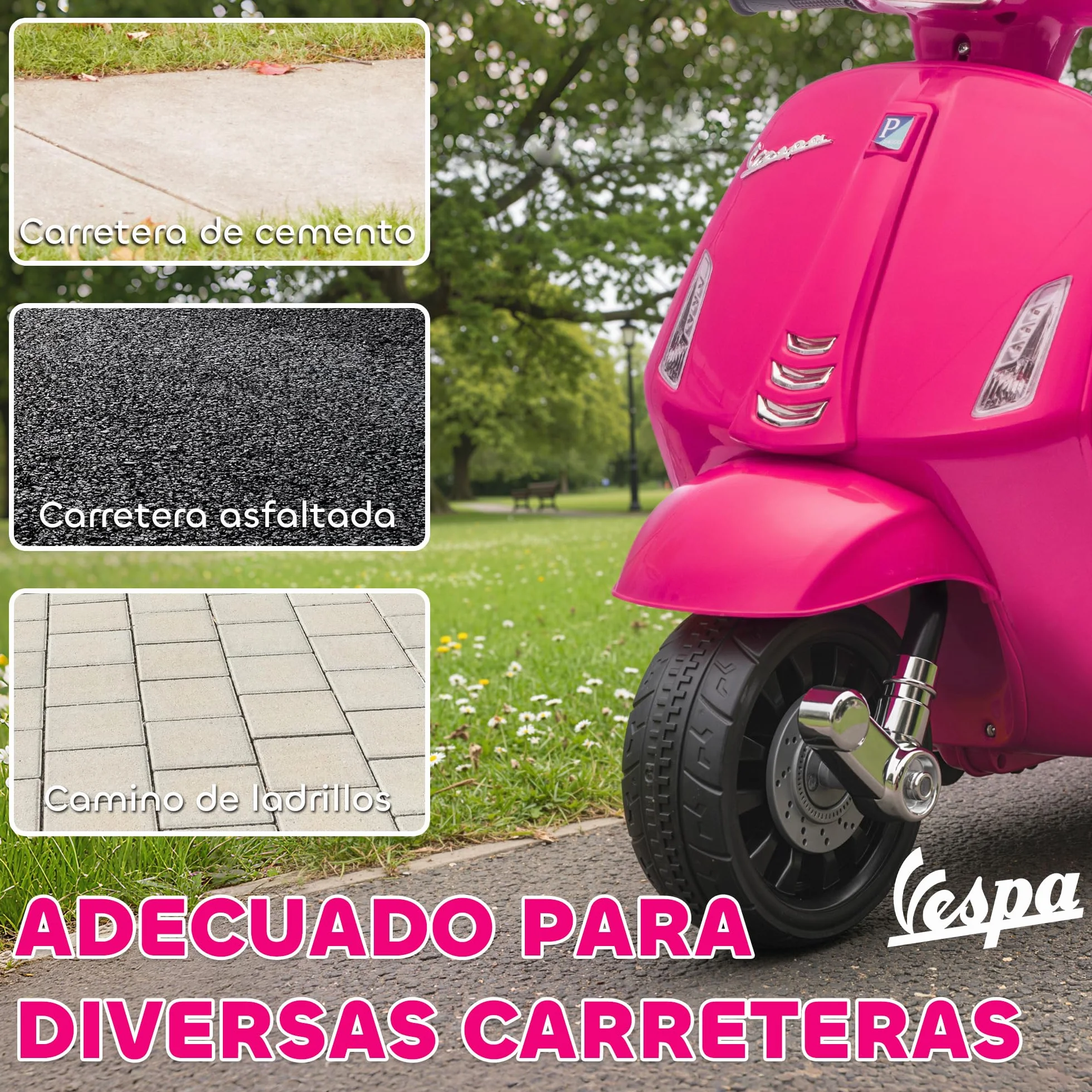 AIYAPLAY Moto Eléctrica para Niños 6V Vespa Licencia, Ruedas Auxiliares 6,9'', 2,5km/h, Faro Bocina, 2-6 Años Rosa