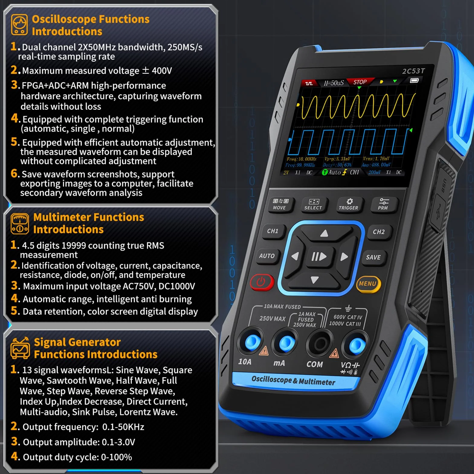 DEWIN Osciloscopio 2C53T,Osciloscopio Digital Osciloscopio Portatil/Multímetro/Generador de Señales dds 3 en 1, 2 Canales Frecuencia de muestreo de 50 MHz 250 MSa/s 19999 recuentos