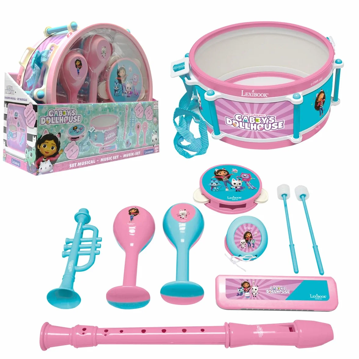 Lexibook La Casa de Muñecas de Gabby Set de 7 Instrumentos Musicales Tambor Maracas Castañuela Armónica Flauta Rosa Azul K360GDHLXB