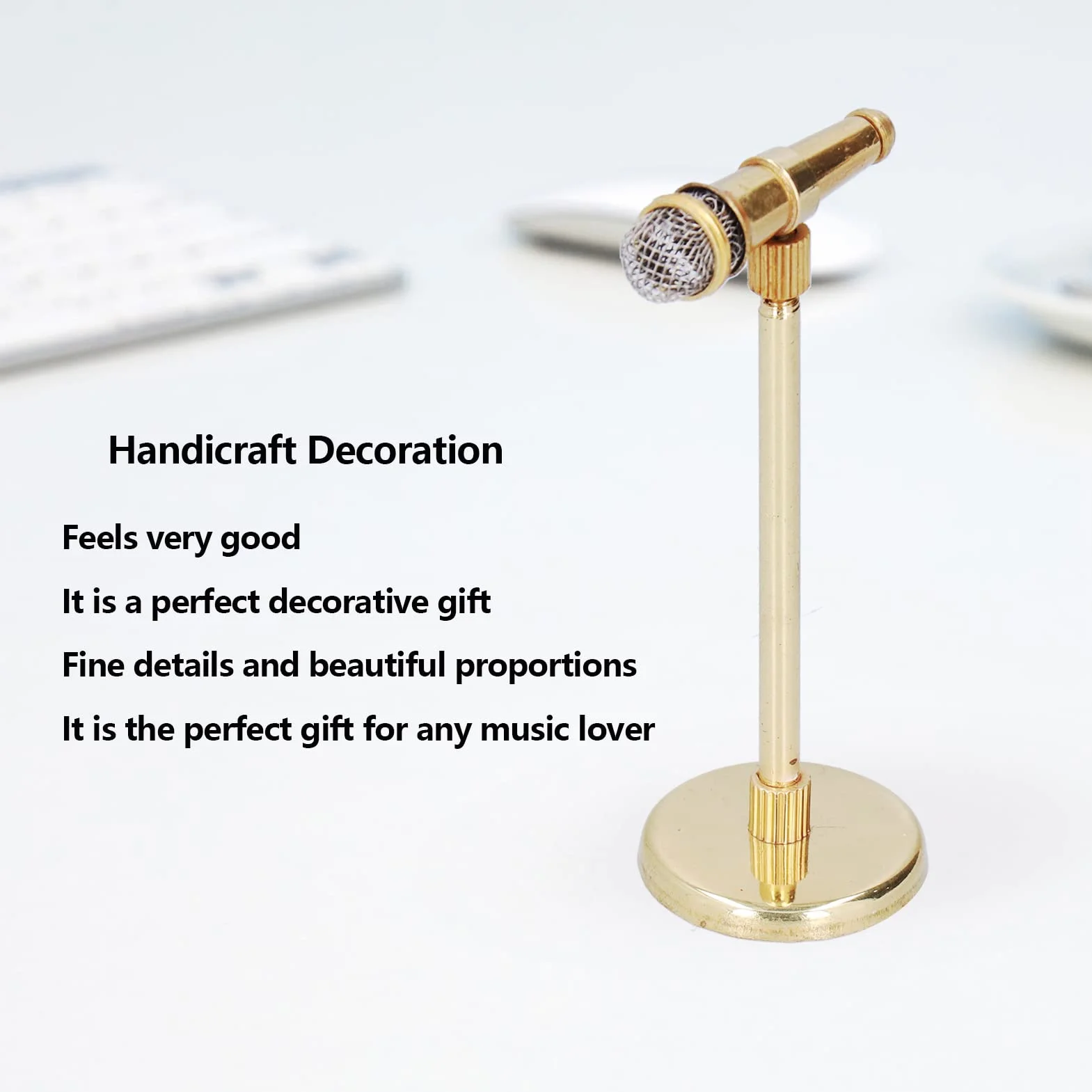 Micrófono en Miniatura de 8 cm, Mini Instrumento Musical, Soporte Dorado con Caja
