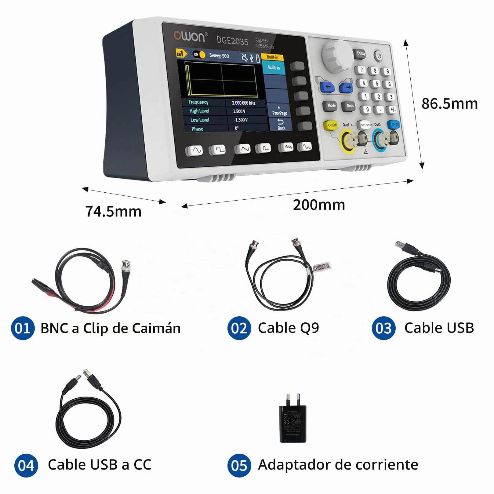 OWON Generador de funciones de 35 MHz de canales duales DGE2035, generador de forma de onda arbitraria portátil con pantalla LCD de 3,6 pulgadas, generador de señal de frecuencia muestreo de 14 bits
