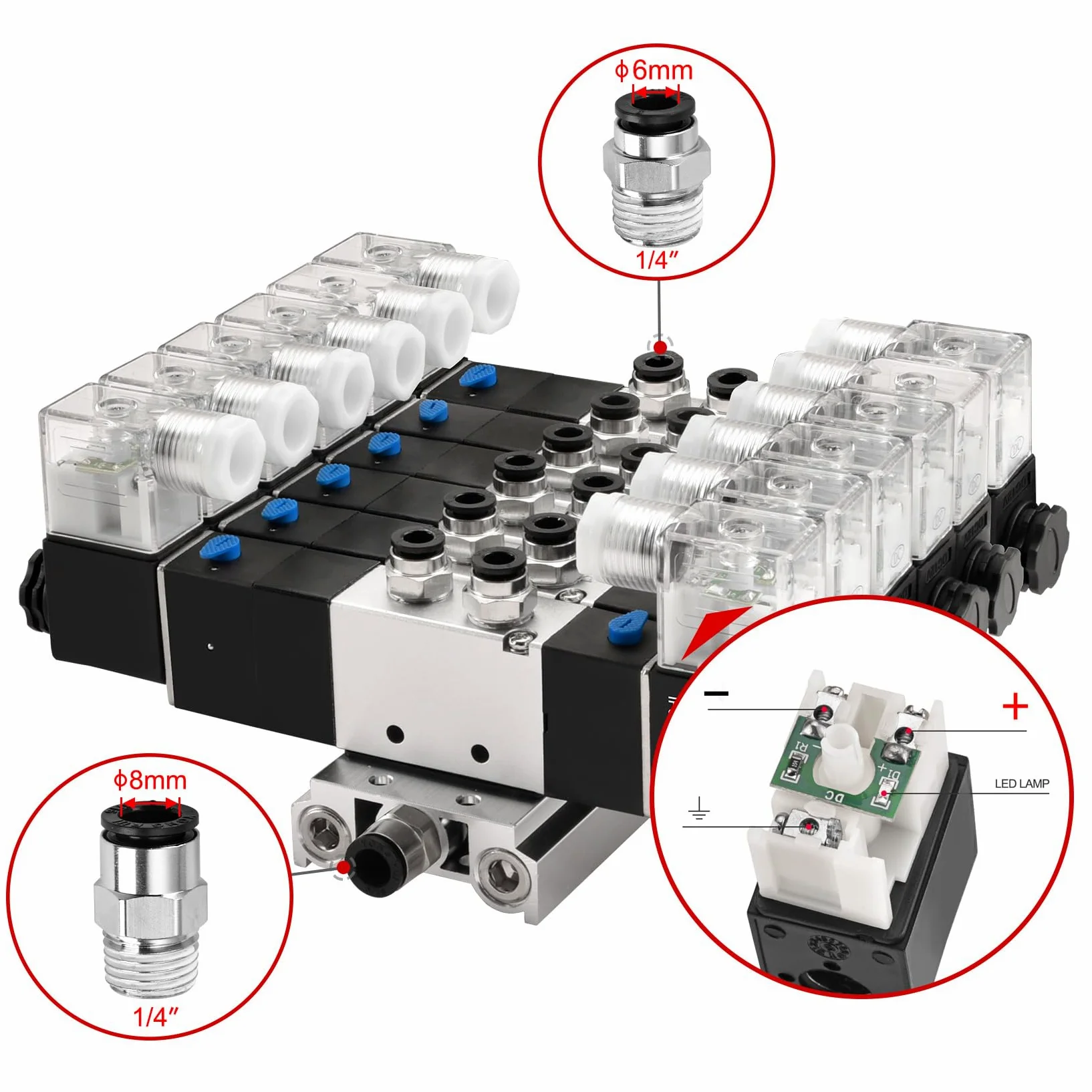 Heschen Válvula solenoide neumática eléctrica 6, 4V230C-08, 12VDC, PT1/4, 5 vías 3 posición, base del colector, silenciador, conjunto de accesorios rápidos, CE