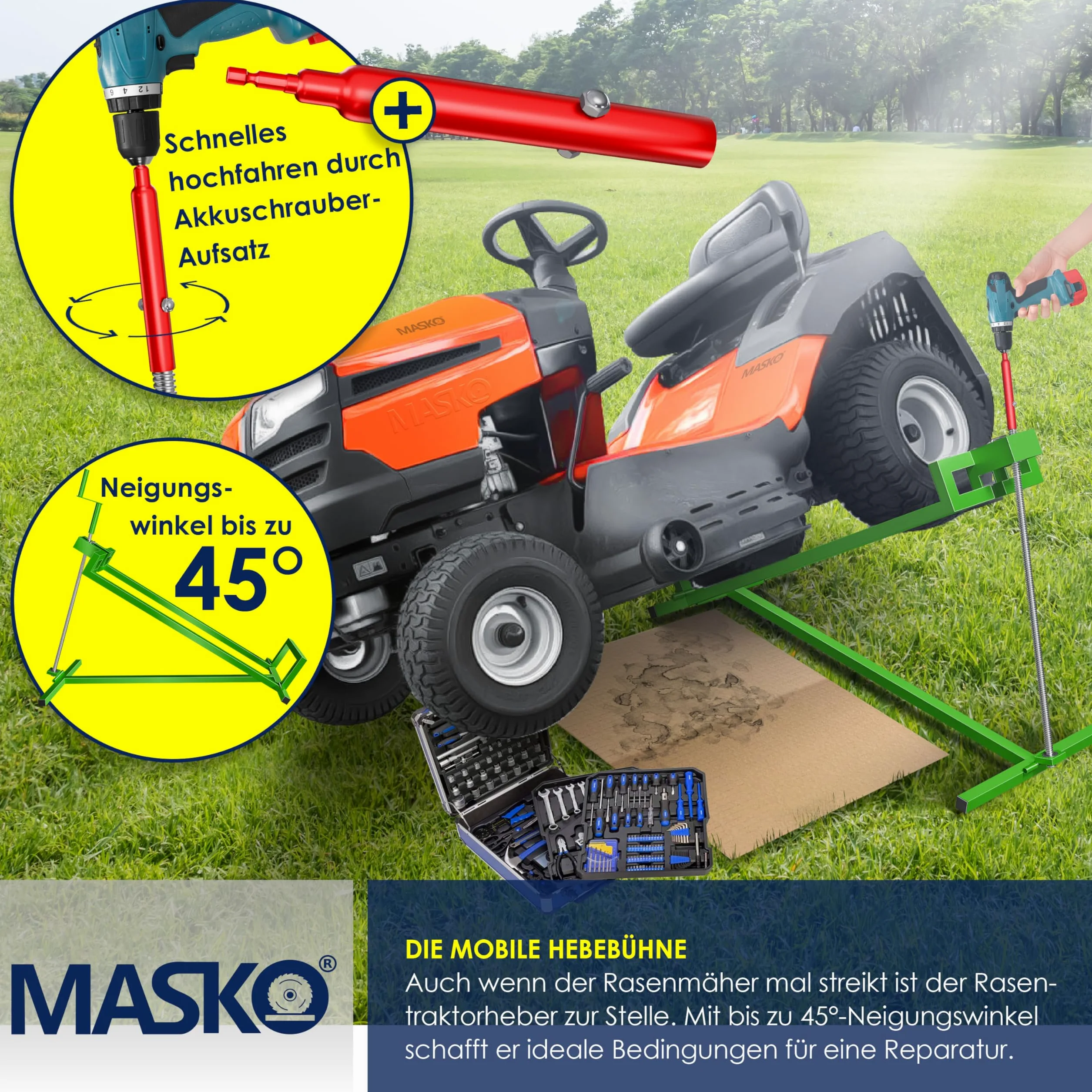 MASKO Elevador de tractor de césped 450 kg, plataforma elevadora, inclinación ajustable +45°
