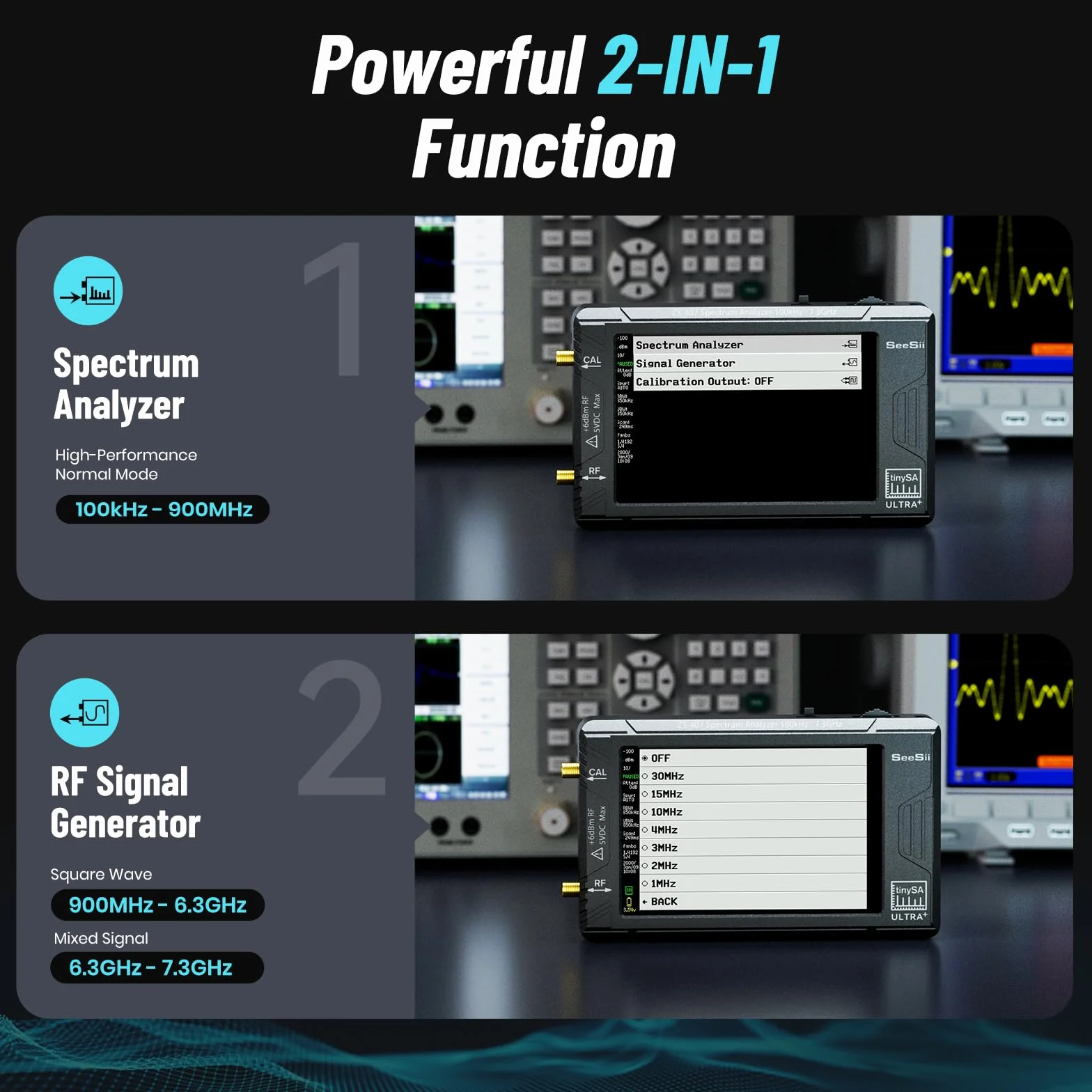 SeeSii TinySA Ultra+ ZS407 Analizador de Espectro 7,3 GHz: Versión 2025, Pantalla 4", HW V0.5.4, Portátil, Generador RF 2 en 1 100 kHz–900 MHz, Entrada MF/HF/VHF/UHF
