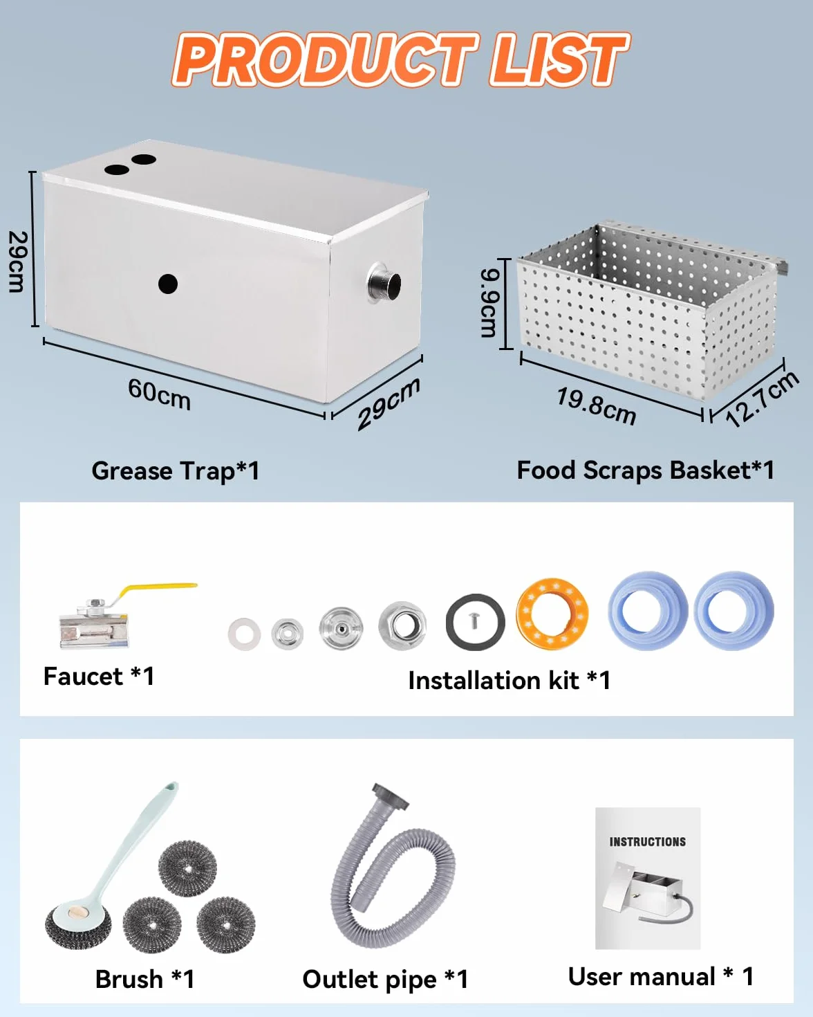 YUCHENGTECH Interceptor de Grasa Comercial 50L Separador de Grasa de Acero Inoxidable Separador de Agua y Aceite Trampa de Grasa para Cocina, Cantina, Restaurante 60x29x29cm