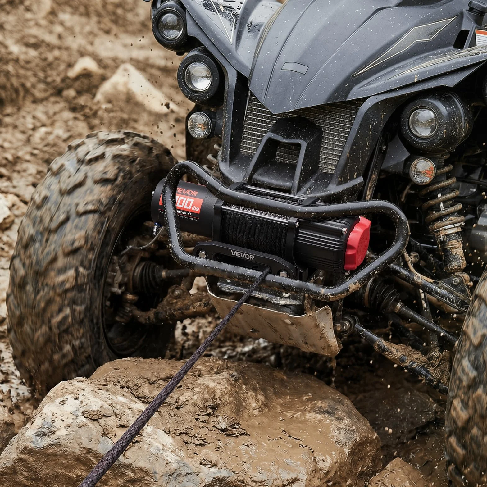 VEVOR Cabrestante Eléctrico 12V 2721 kg para ATV UTV con Cuerda Sintética de 6 mm x 15 m, Motor 2,6 kW, Control Remoto con Cable, Guía de Cable, Gancho y Soporte de Montaje para Exteriores Todoterreno