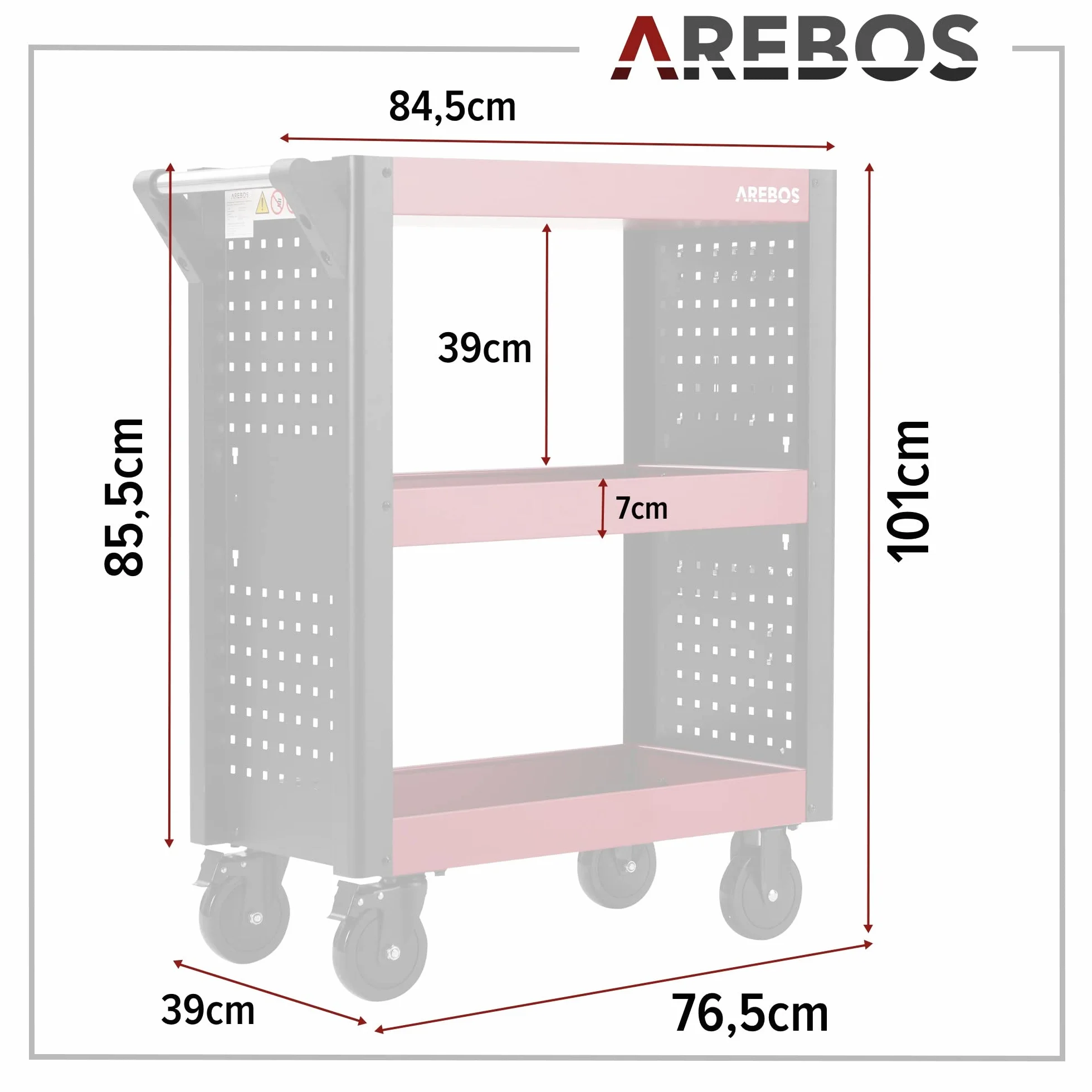 Arebos Carro de Servicio Multifuncional | 3 Compartimentos | Taller, Herramientas, Transporte y Almacenamiento | Estanterías Multiuso | Rojo/Negro