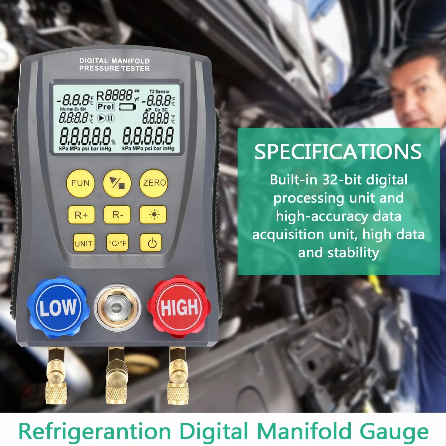 RSFIL Medidor de presión Refrigeración Digital Vacío Presión Colector Probador Medidor Calefacción Ventilación y Aire Acondicionado Probador de Temperatura Válvulas Kit de Herramientas