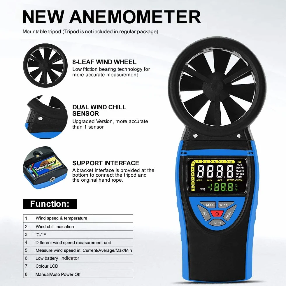HoldPeak 8805-WM Anemómetro Digital Portátil para Exterior, Temperatura, Presión Atmosférica, Altitud y Flujo de Aire para Drones HVAC