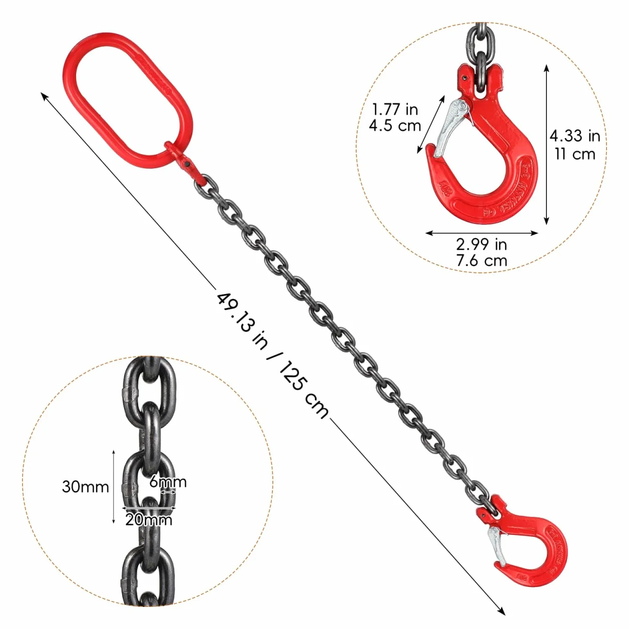 Cabilock Hebeschlinge 1-Strang-Hebekette Kettenschlinge mit Haken Manganstahl Arbeits-Rigging-Hebel