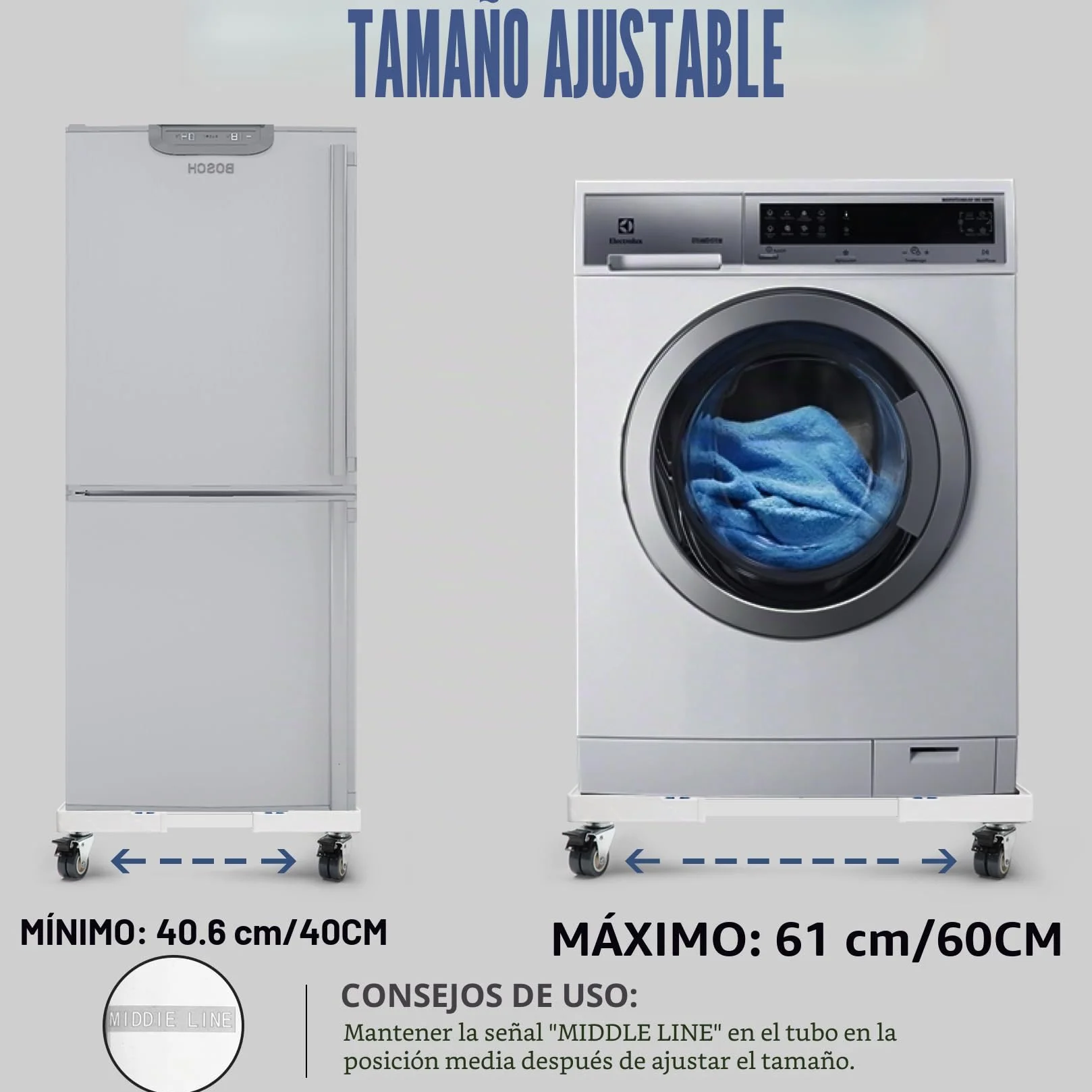 Soporte Lavadora Secadora Carga 200KG, Ancho Regulable 40-60cm, Base con Ruedas Freno, Antivibración, Blanco