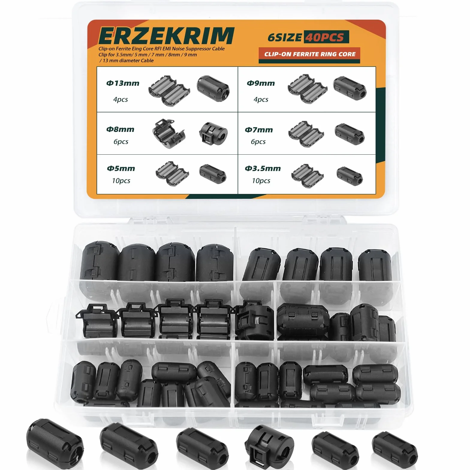 Erzekrim 40 núcleos de ferrita, filtro de ferrita, juego de 6 tamaños, plegable, para cable RFI EMI, 3-13 mm diámetro interior