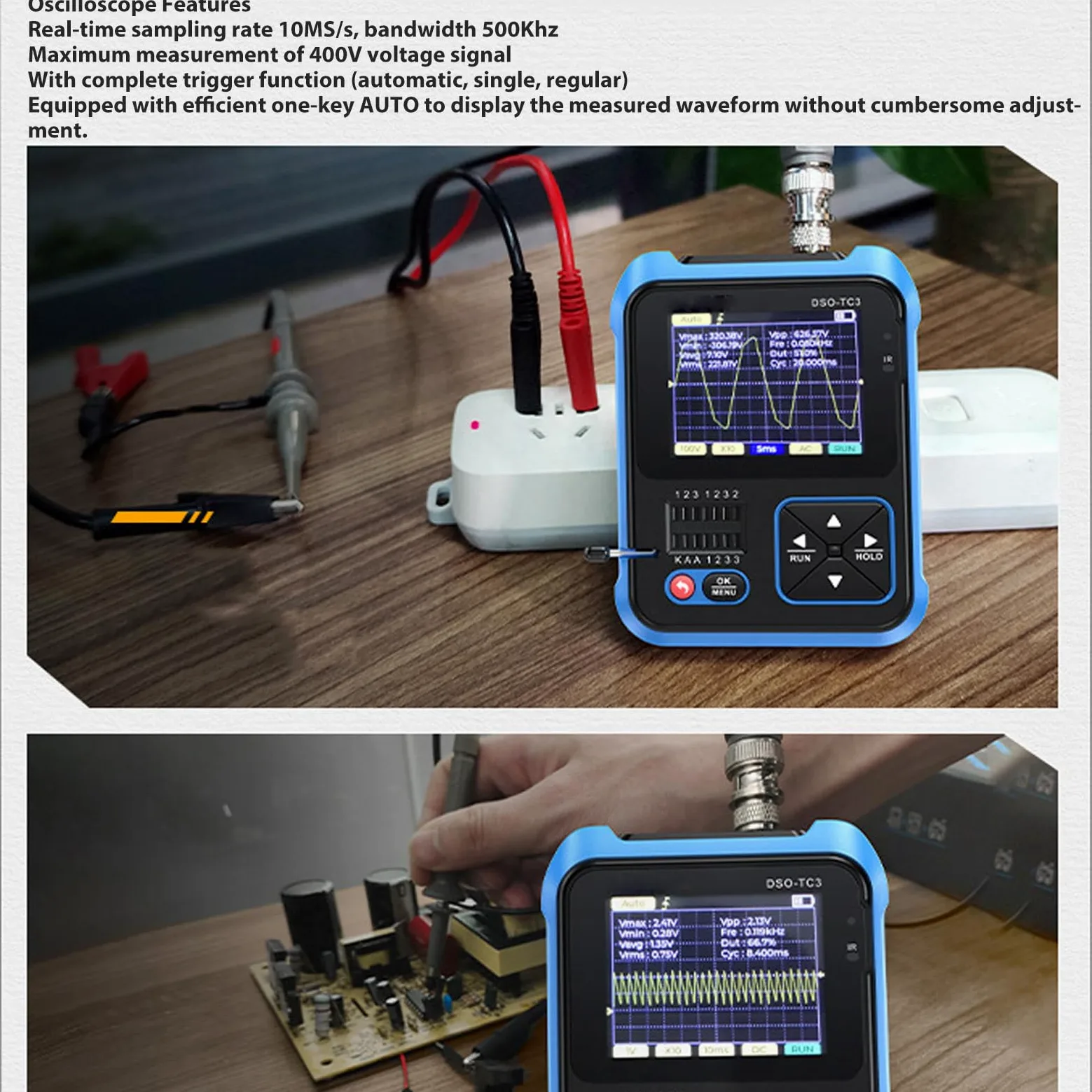 Duokon Osciloscopio DSO TC3, Osciloscopio Portátil 3 en 1, Probador de Componentes Digitales ABS y Generador de Funciones, 500 KHz 10 S, para Estudiantes Ingenieros Reparación de Laboratorio