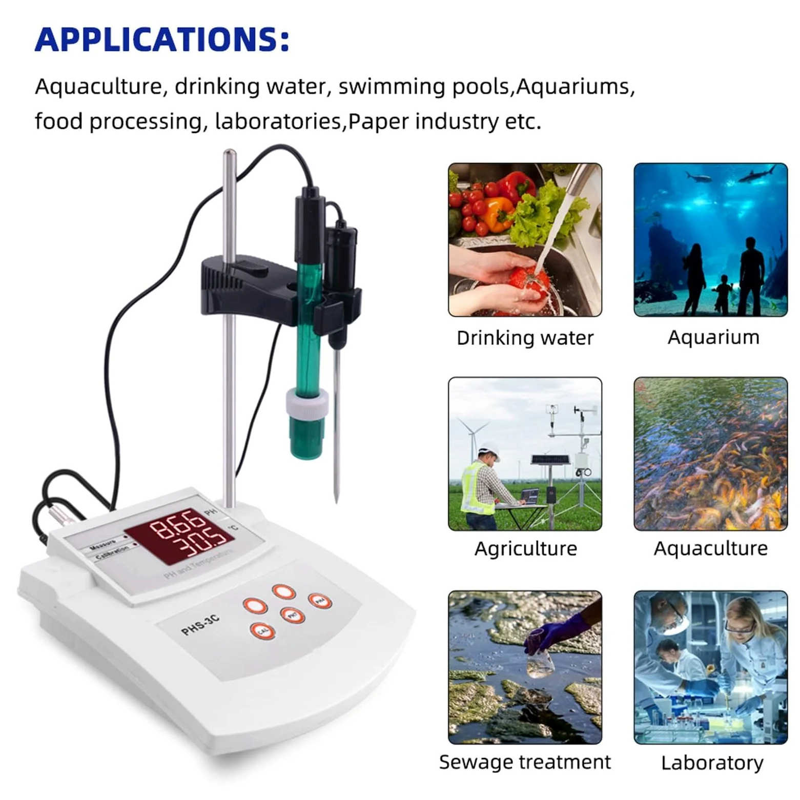 Medidor de pH digital de escritorio, medidor de pH de sobremesa for laboratorio, precisión de pH de ±0,01, pH/temperatura, 2 electrodos, calibración automática de 2 puntos