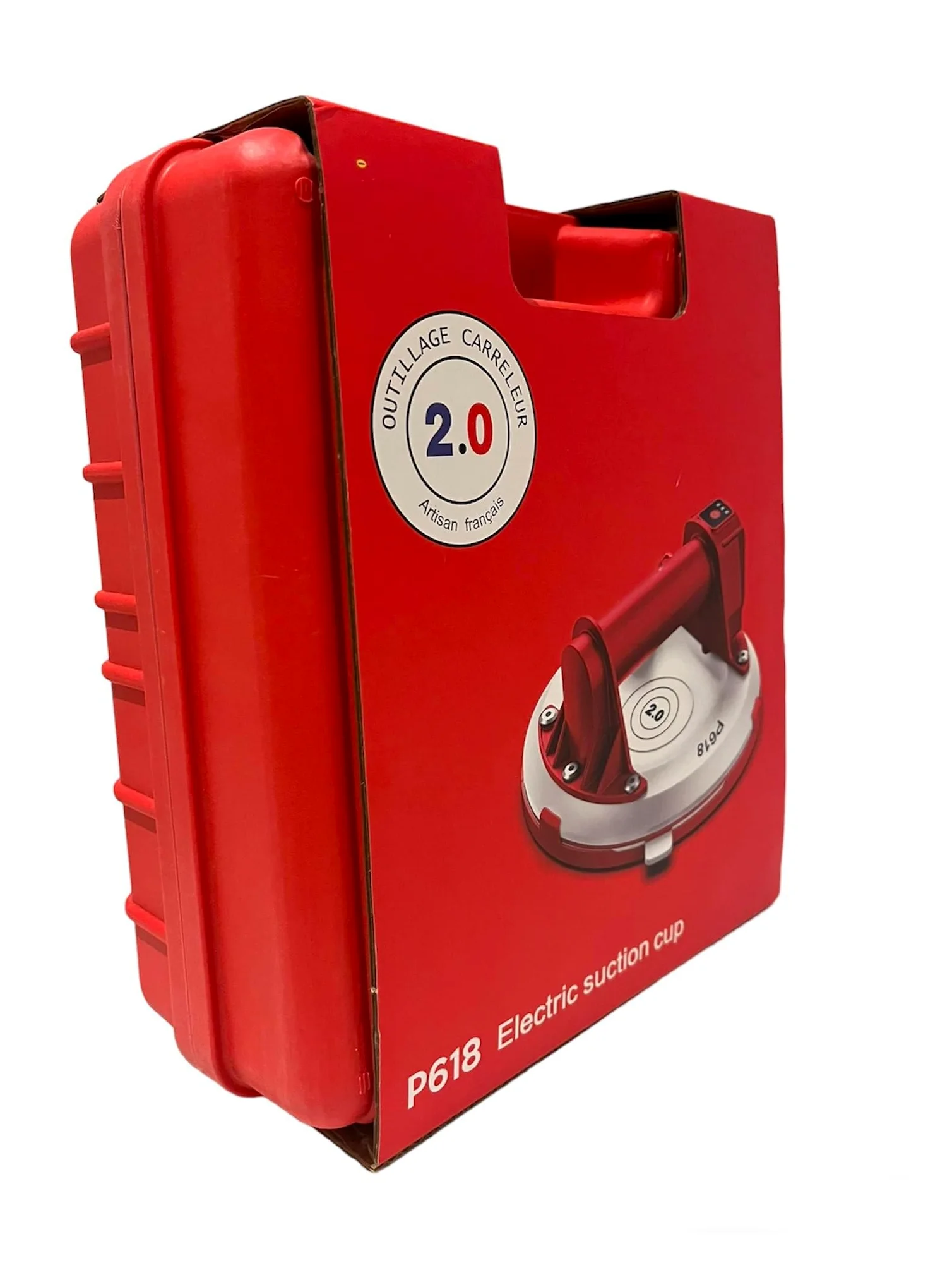 Ventosa eléctrica con manómetro Ø20 cm 140 kg (roja) – Succión automática con control de vacío, con maletín – Outillage Carreleur 2.0