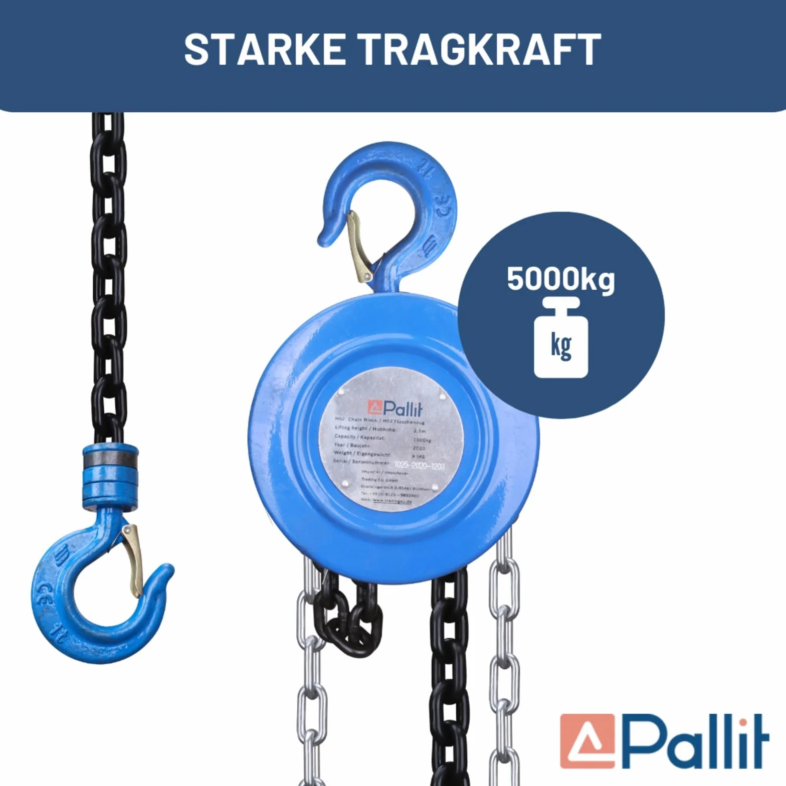 Polispasto torno de cable aparejo de cadena 5000 kg / 5 t - 2500 mm / 250 cm - redondo