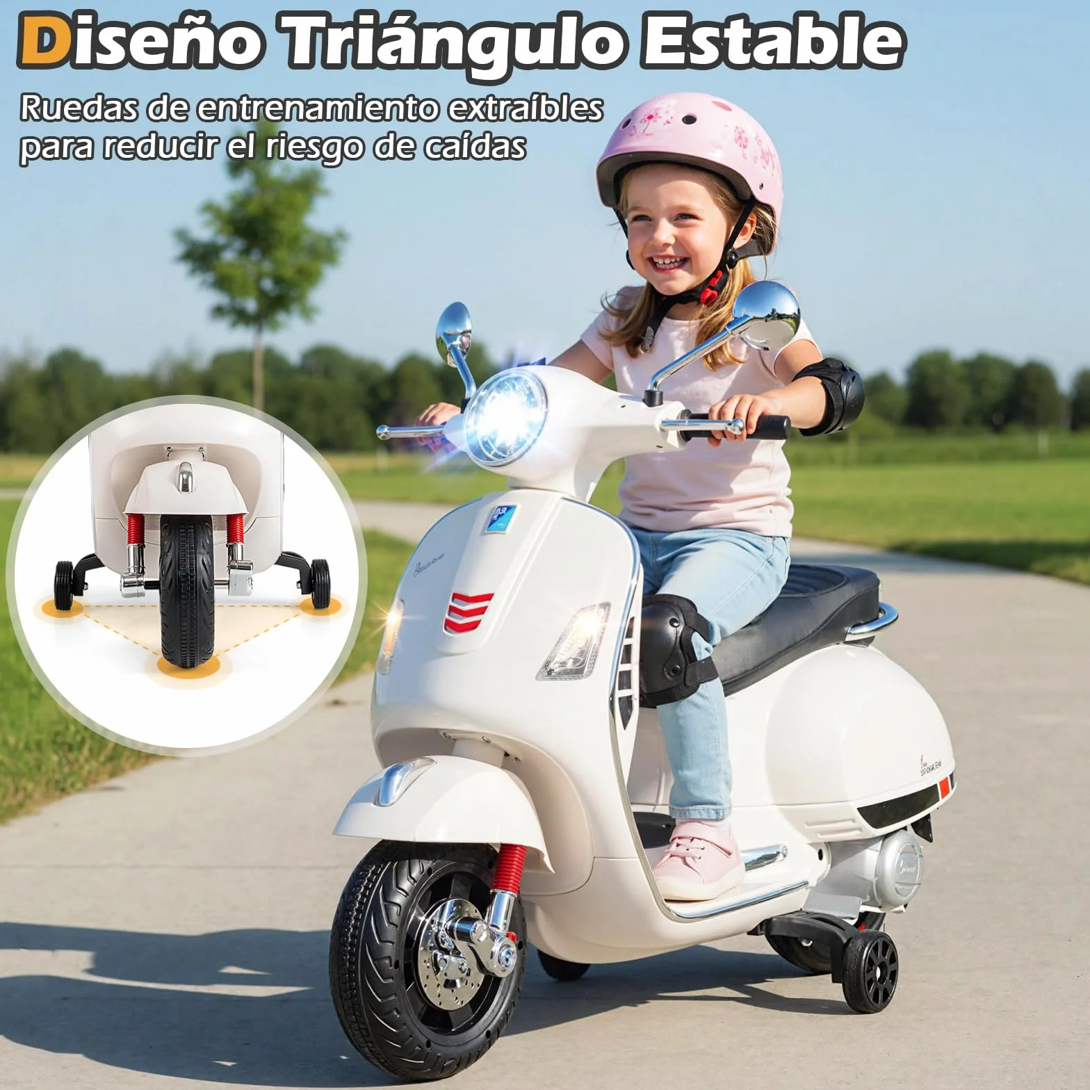 COSTWAY Moto Eléctrica para Niños Vespa 12V, 4 Ruedas, Música, Bocina, Faros, Motocicleta Infantil con Motor Doble, 3-6 Años