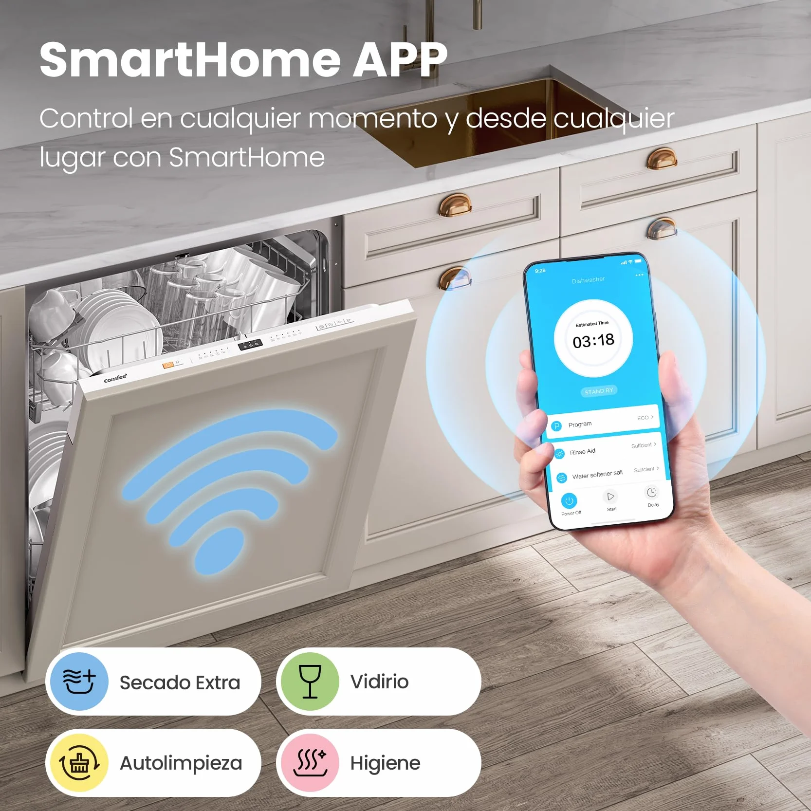 COMFEE' CDWPB1215PB-EU Lavavajillas Integrable 60cm 12 Cubiertos Cloud Wash Secado Extra Inicio Diferido 5+3 Programas IoT Blanco