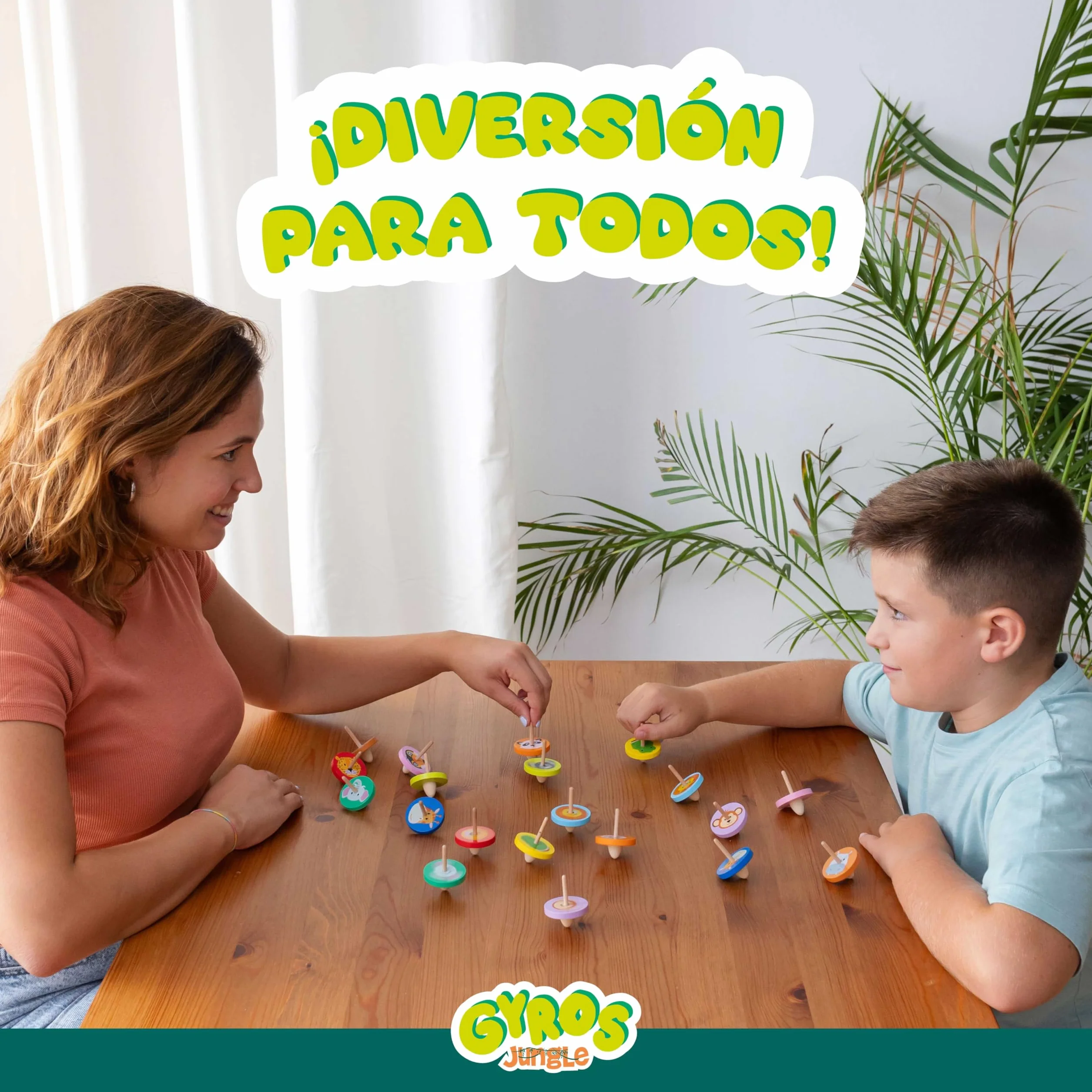 BONNYCO Peonza Madera Animales Jungla, Pack 40 Regalos Cumpleaños Niños